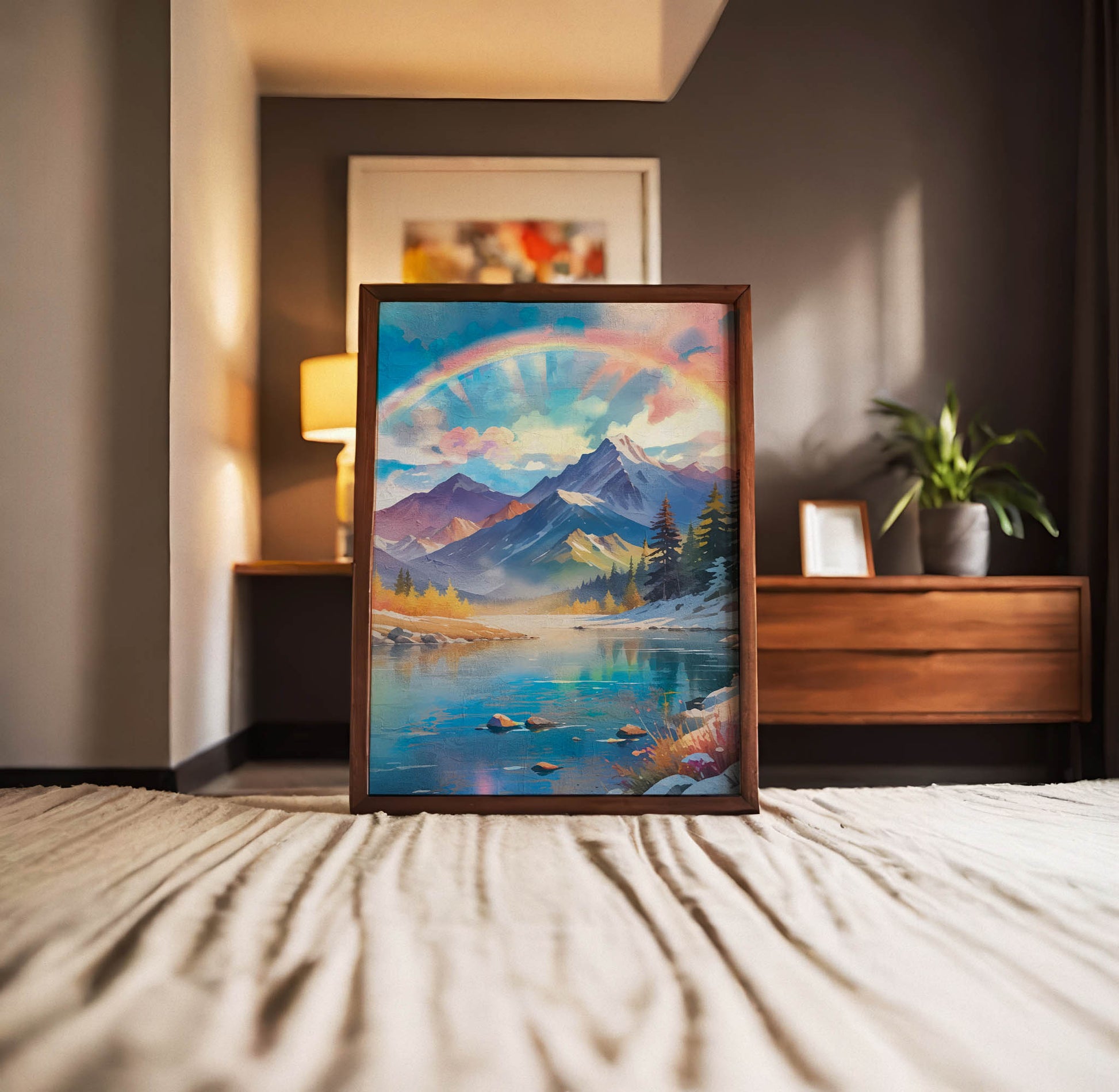 Majestic mountain landscape featuring snow-capped peaks under a radiant pastel sky with a glowing rainbow arching overhead. A calm turquoise lake reflects the colours of the sky and surrounding pine trees, creating a dreamy and uplifting nature scene filled with light and serenity.