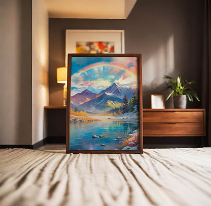 Majestic mountain landscape featuring snow-capped peaks under a radiant pastel sky with a glowing rainbow arching overhead. A calm turquoise lake reflects the colours of the sky and surrounding pine trees, creating a dreamy and uplifting nature scene filled with light and serenity.