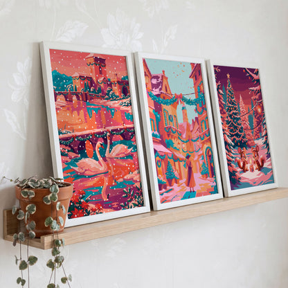 Snowy pine forest print featuring two chipmunks beside a lit candle and wrapped gift