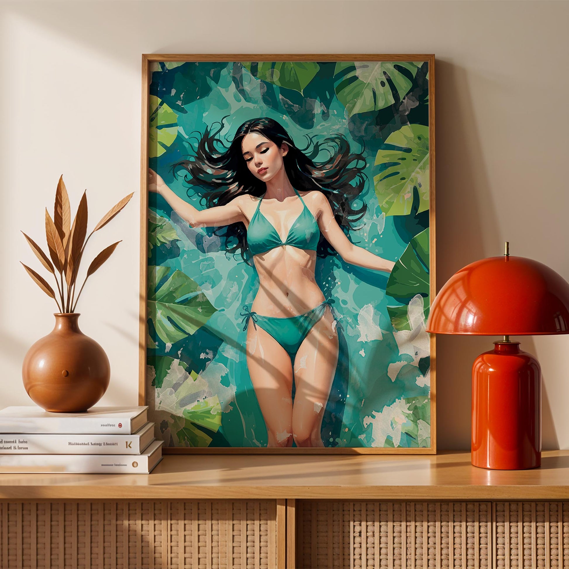 Serene illustration of a woman in a turquoise bikini floating peacefully in clear blue water surrounded by lush green tropical leaves. Her eyes are closed, and her long dark hair flows gently around her, creating a calm, summery, and tranquil atmosphere.