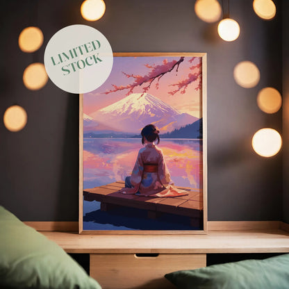 Tranquil Japanese-themed printable wall art featuring a woman in a kimono seated on a wooden dock, gazing at Mount Fuji across a serene lake during a pastel sunset, with cherry blossoms framing the scene - perfect for zen, travel, or Japan-inspired home decor