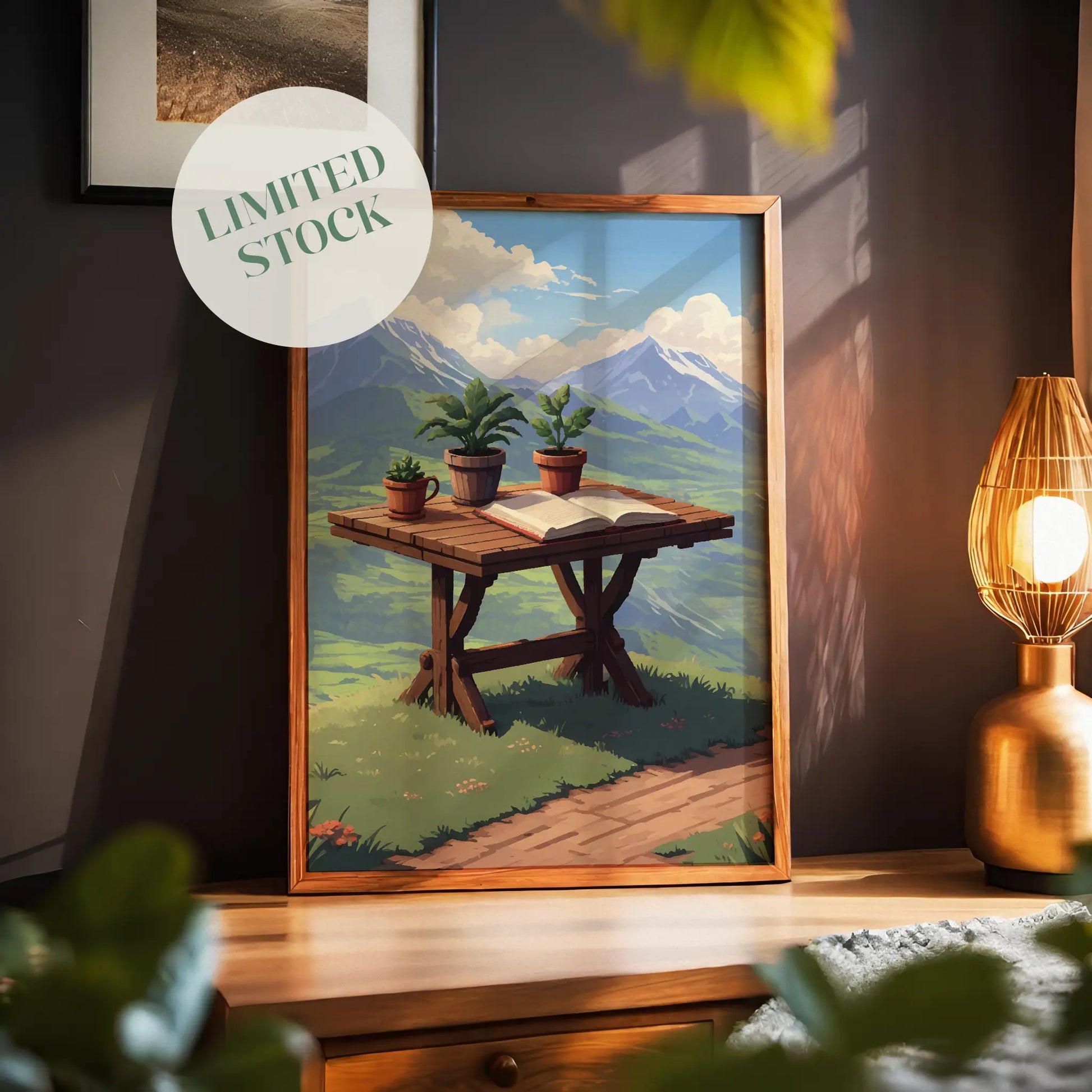 Scenic mountain view printable wall art featuring a rustic wooden table with potted plants and an open book, set against a breathtaking backdrop of lush green valleys and snow-capped peaks under a bright blue sky
