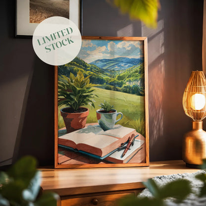 Peaceful printable wall art depicting an open book, pen, coffee cup, and potted plants on a table overlooking lush green hills and distant mountains under a sunny sky - perfect for writers, book lovers, or cozy nature-inspired decor