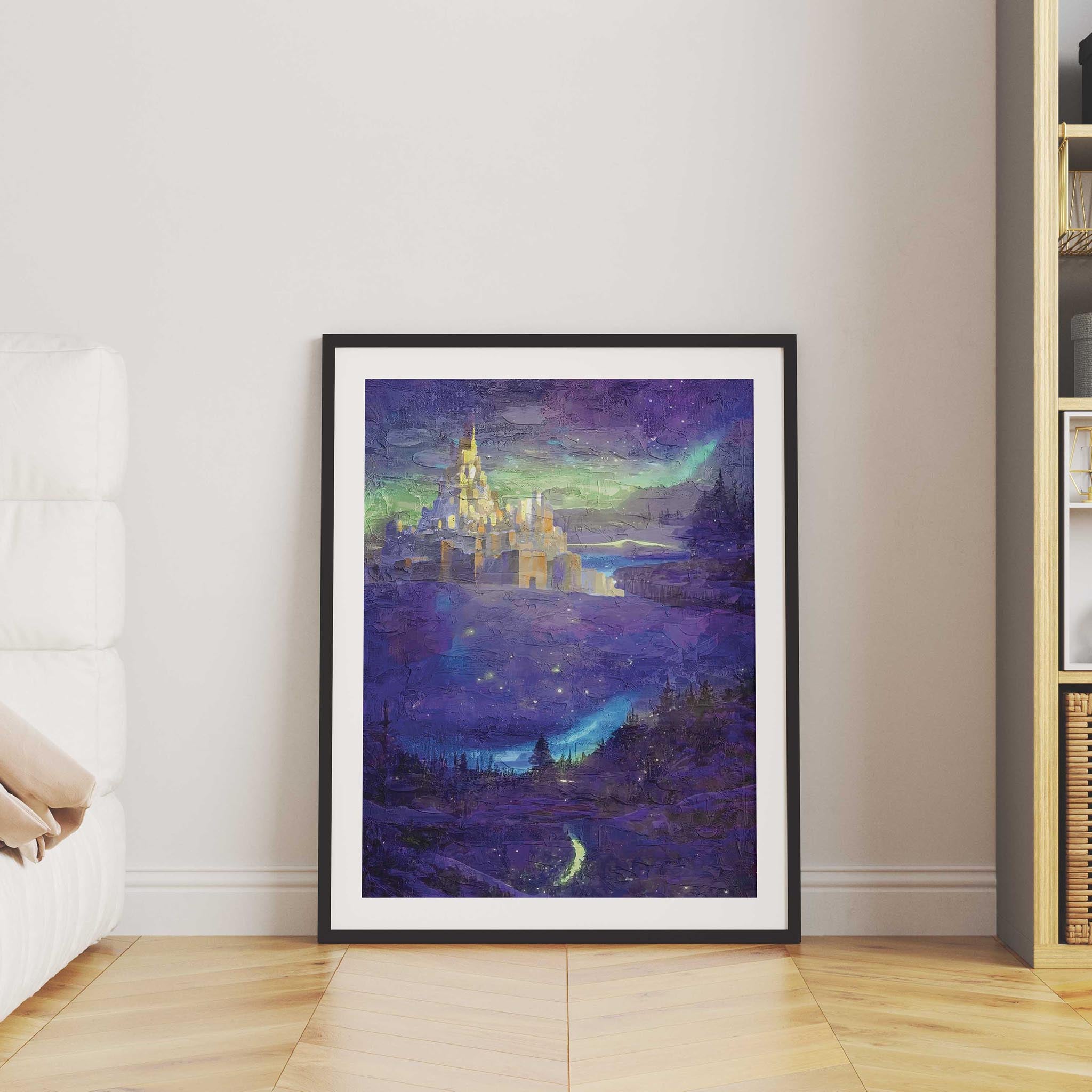 Fantasy castle wall art featuring a glowing golden fortress set against a mystical night sky with northern lights, surrounded by enchanted forests and illuminated by sparkling stars and a dreamy purple landscape