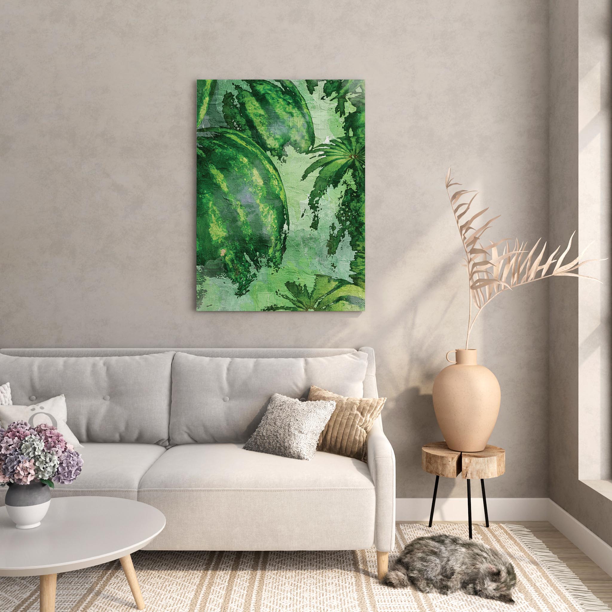 Rustic watercolor-style printable wall art featuring ripe green watermelons and lush leafy vines, ideal for kitchen, market, or farmhouse-themed decor