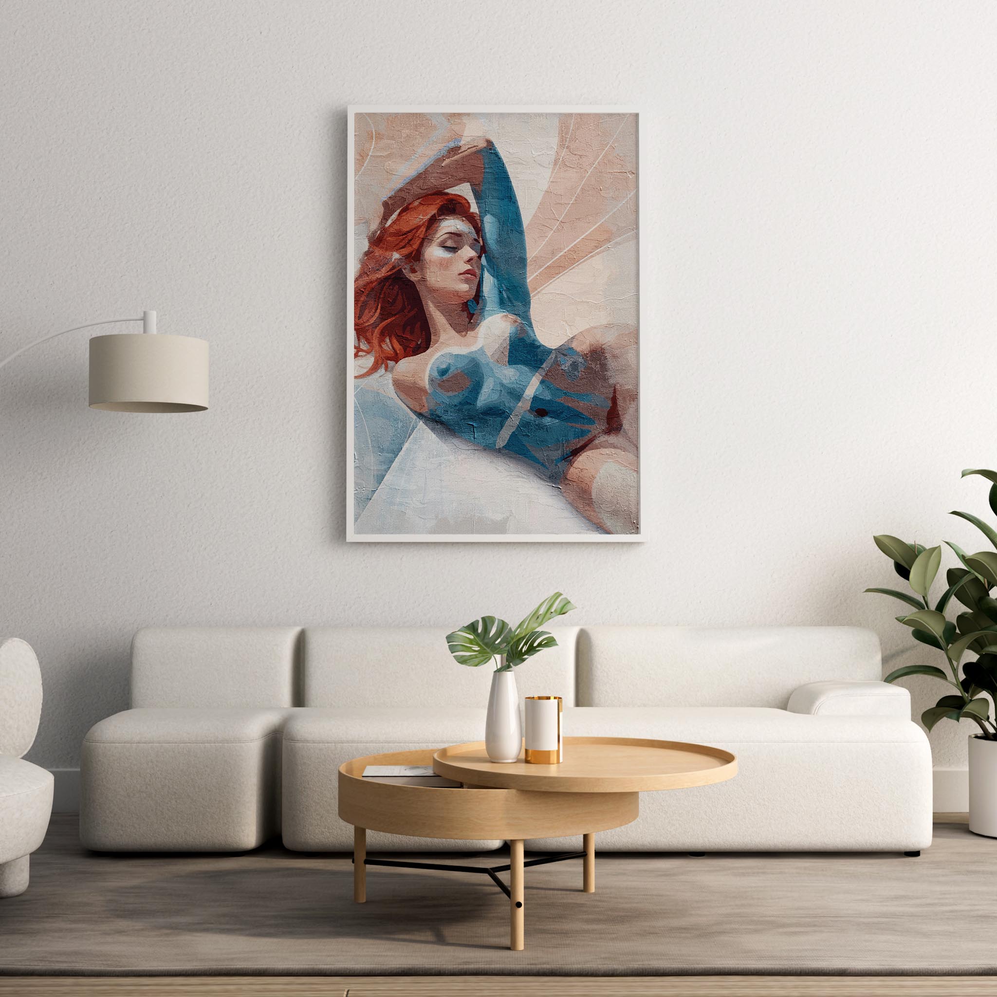 Modern printable wall art of a reclining woman with red hair, painted in an abstract style with blue and beige body tones, ideal for bold, contemporary interior decor