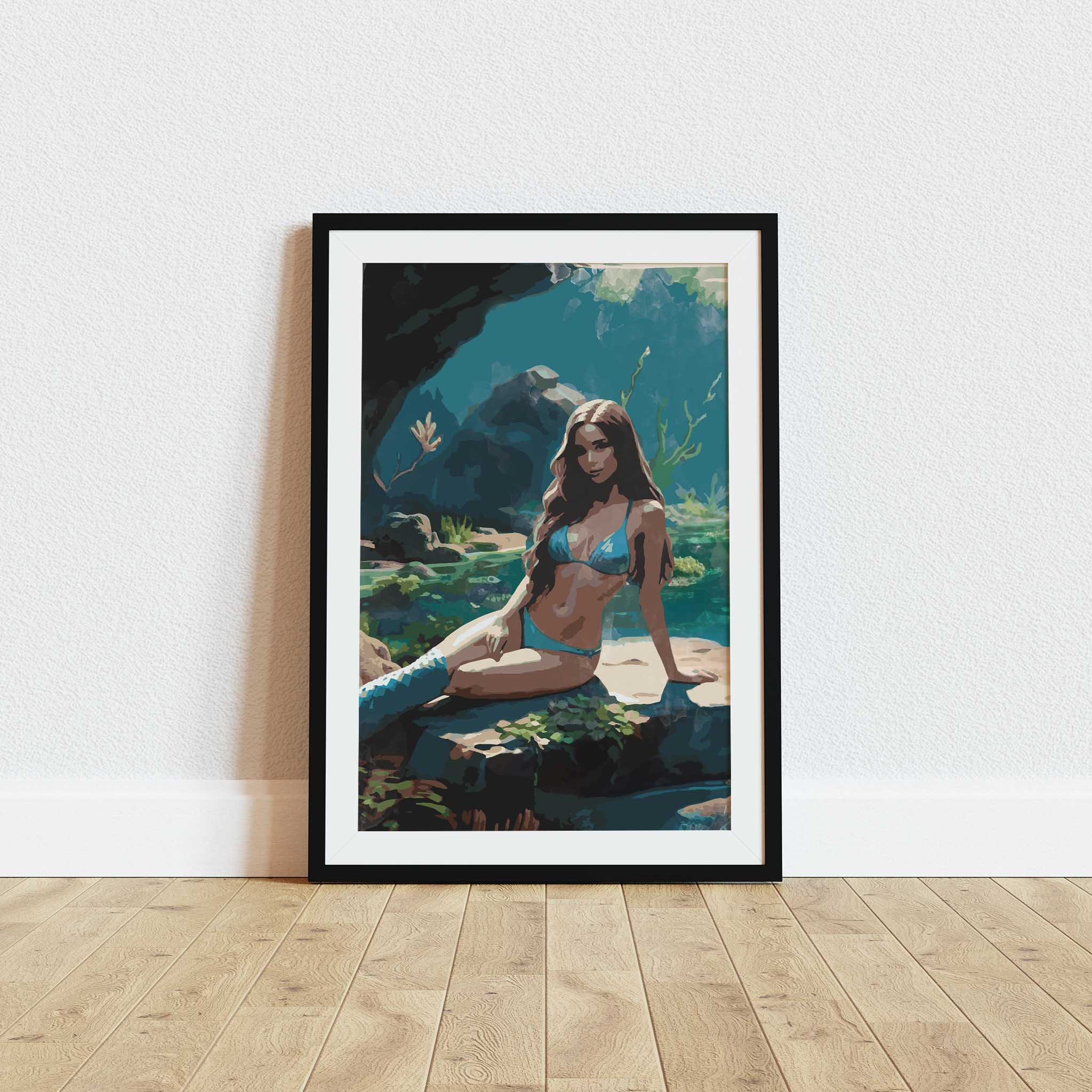 Stylish printable wall art featuring a woman in a blue bikini relaxing by a serene, sunlit forest pool, a blend of natural beauty and elegance, perfect for beach-themed or tropical decor