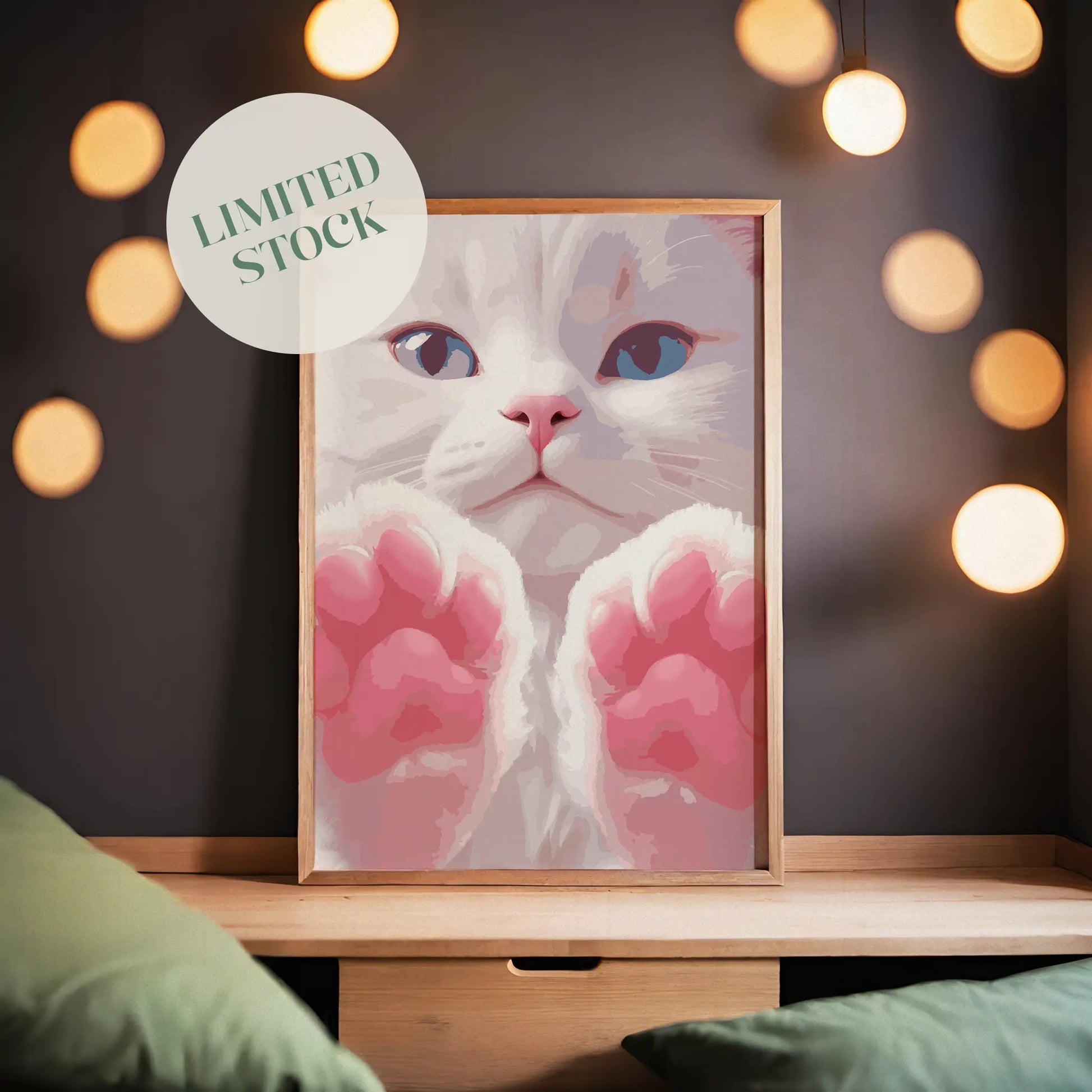 Printable wall art of an adorable white kitten with bright blue eyes and soft pink paws held up close, perfect for cat lovers and cute, whimsical home decor
