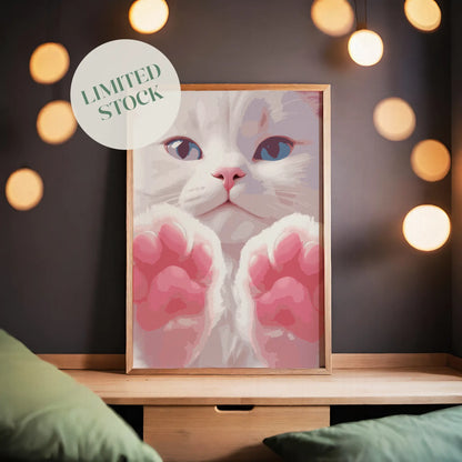 Printable wall art of an adorable white kitten with bright blue eyes and soft pink paws held up close, perfect for cat lovers and cute, whimsical home decor