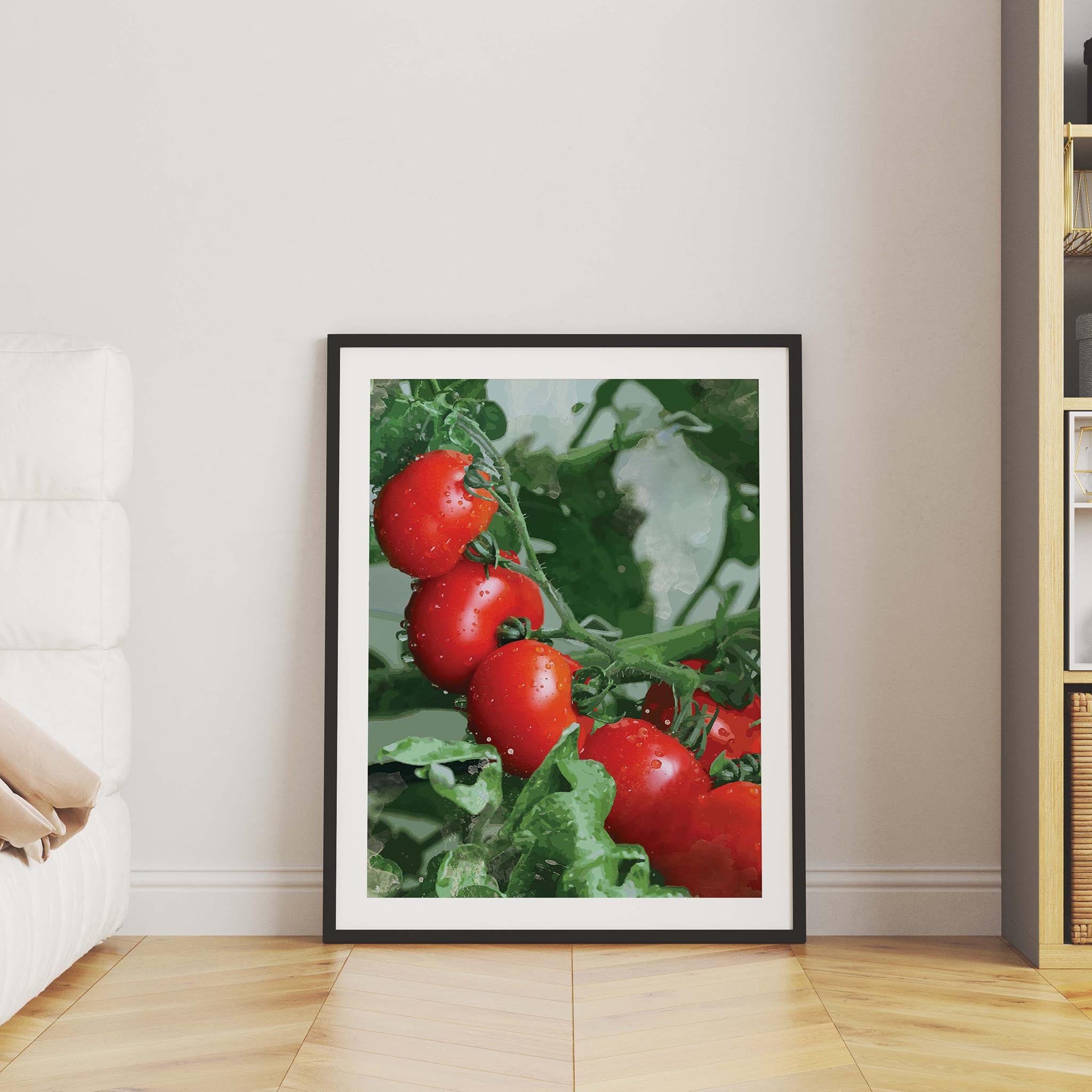 Printable wall art of vibrant red tomatoes on the vine with water droplets, set against lush green foliage, ideal for kitchen decor or farmhouse-themed interiors