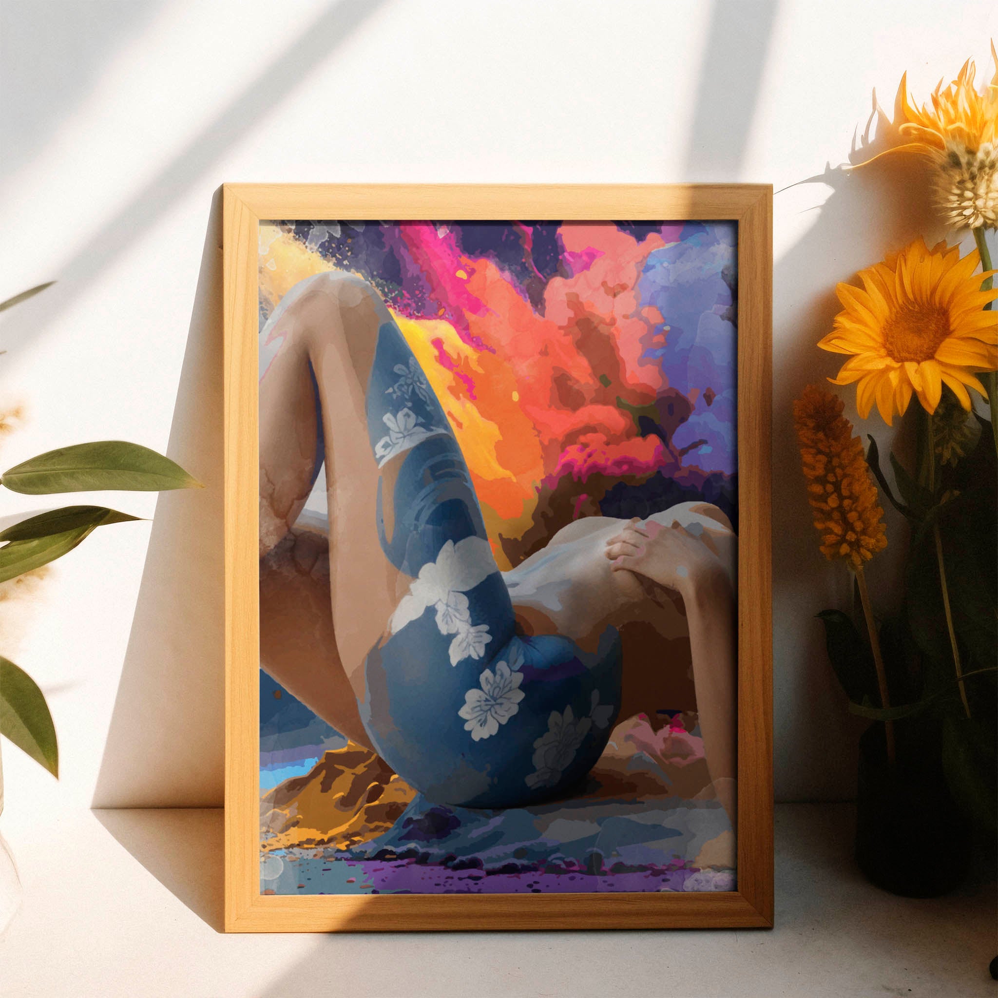 Bold and sensual printable wall art featuring a reclining nude female figure with floral body art, set against a dramatic, abstract explosion of fiery colours, perfect for modern, expressive, and statement-making interiors