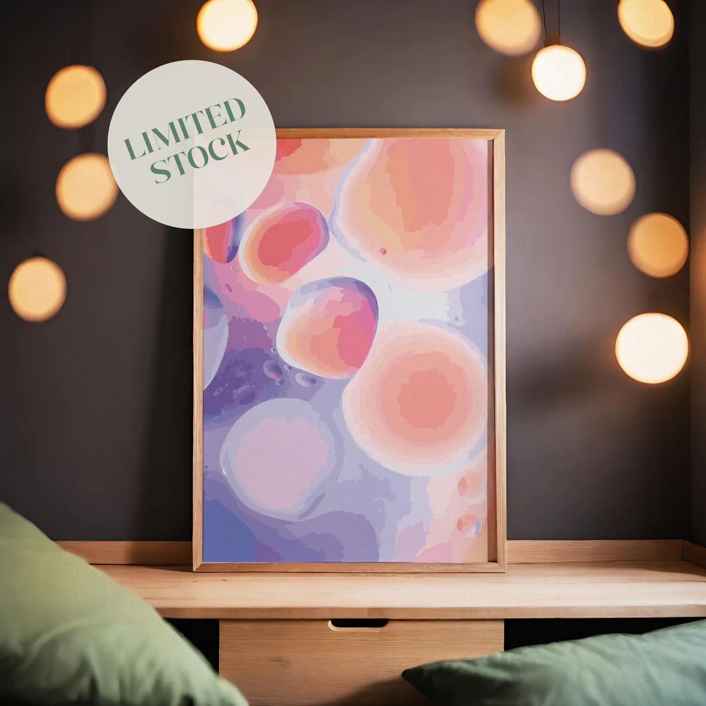 Dreamy abstract printable wall art featuring soft, fluid shapes in pink, peach, lavender, and coral tones, creating a calming, ethereal effect perfect for modern or pastel-themed interiors