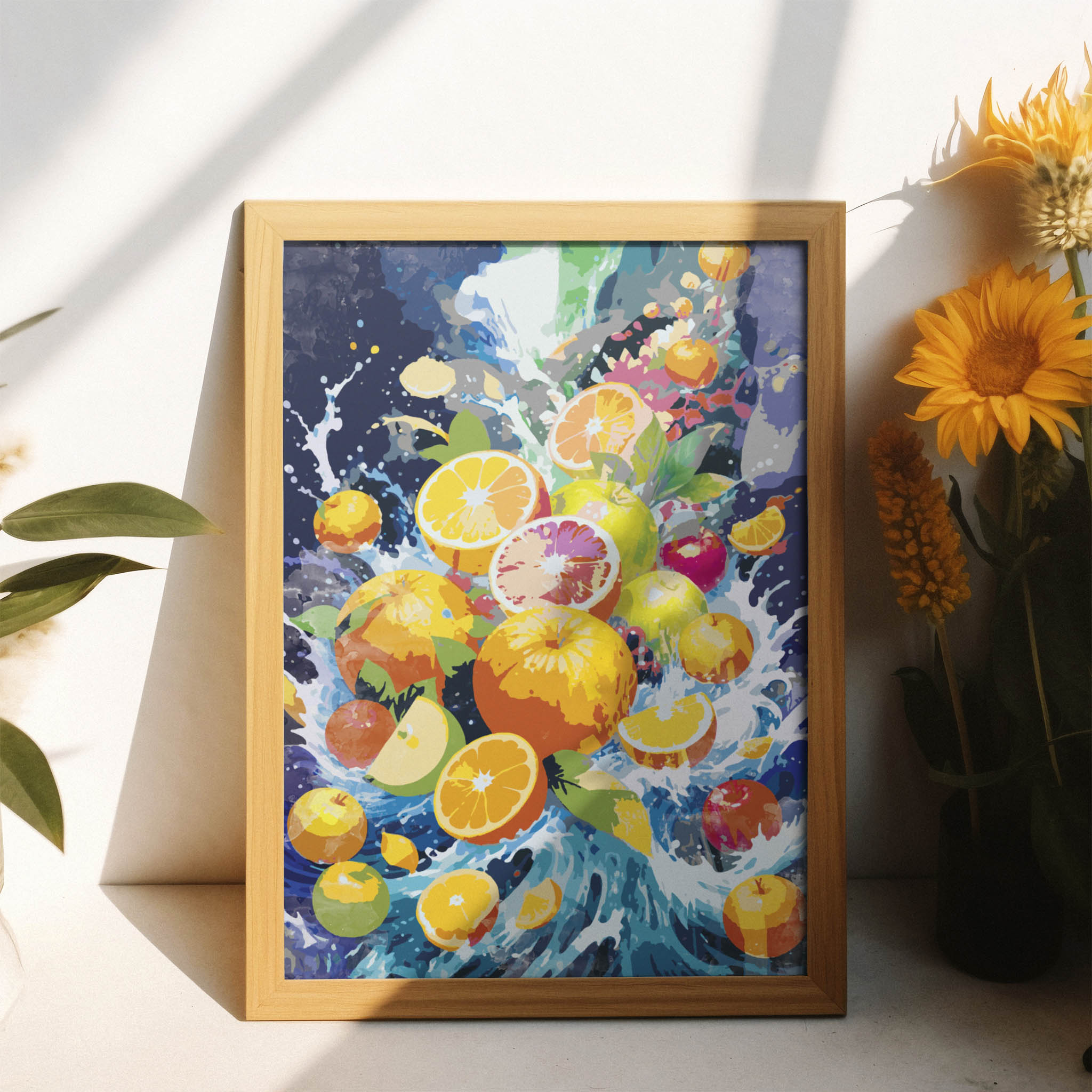 Printable wall art featuring a vibrant explosion of citrus and orchard fruits like oranges, lemons, grapefruits, apples, and limes splashing through colorful water, perfect for kitchen, juice bar, or bold fruit-themed decor