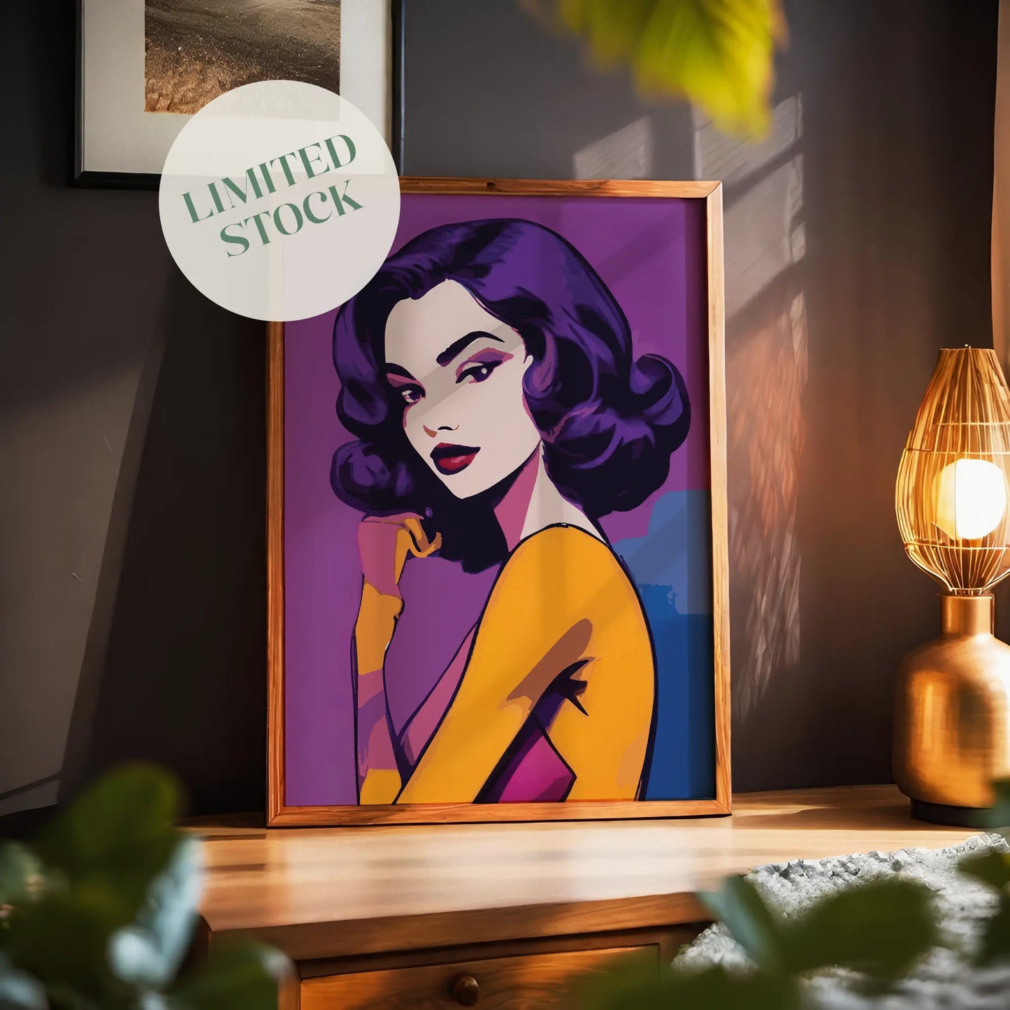 Printable wall art of a stylish woman with vintage Hollywood glamour, featuring bold purple hair, red lips, and a confident pose against a vibrant purple and gold background, perfect for modern, chic home decor