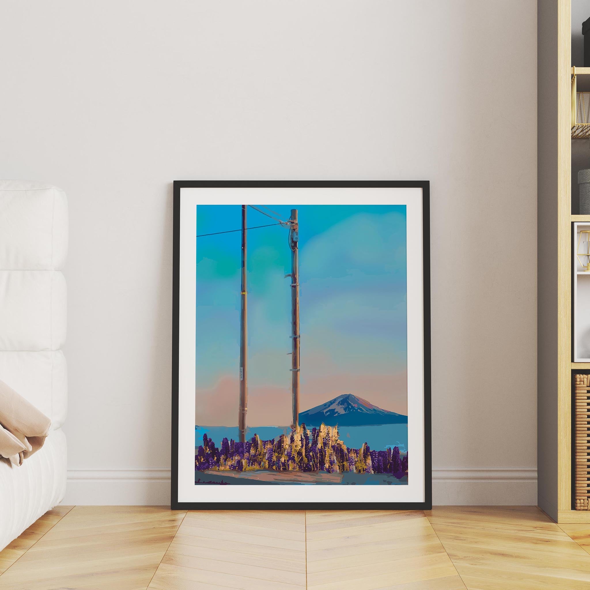 Minimalist mountain wall art featuring two wooden utility poles in a field of golden and purple wildflowers, with Mount Fuji in the distance under a soft pastel sunset sky