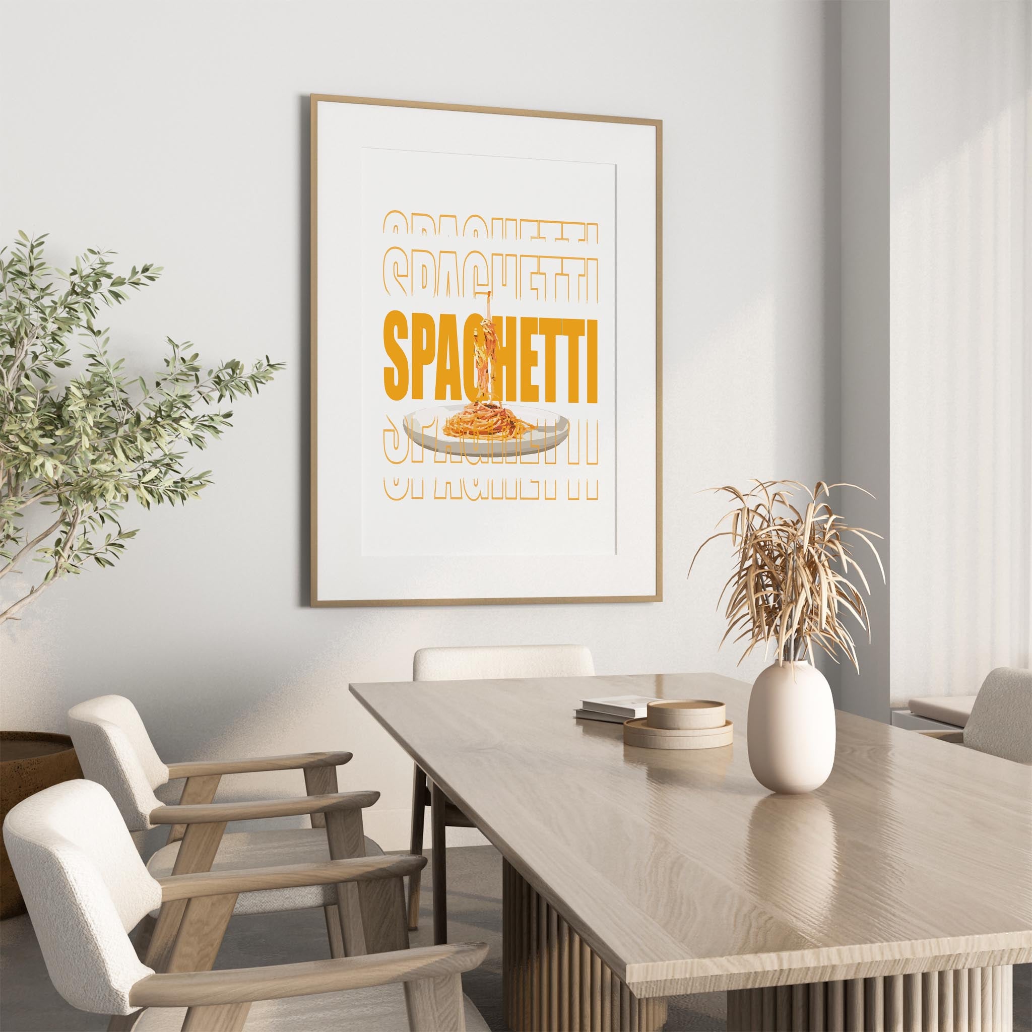Modern printable wall art featuring a plate of spaghetti suspended mid-air, overlaid with bold, graphic text reading ‘SPAGHETTI’ in large orange typography, perfect for kitchen decor or food lovers