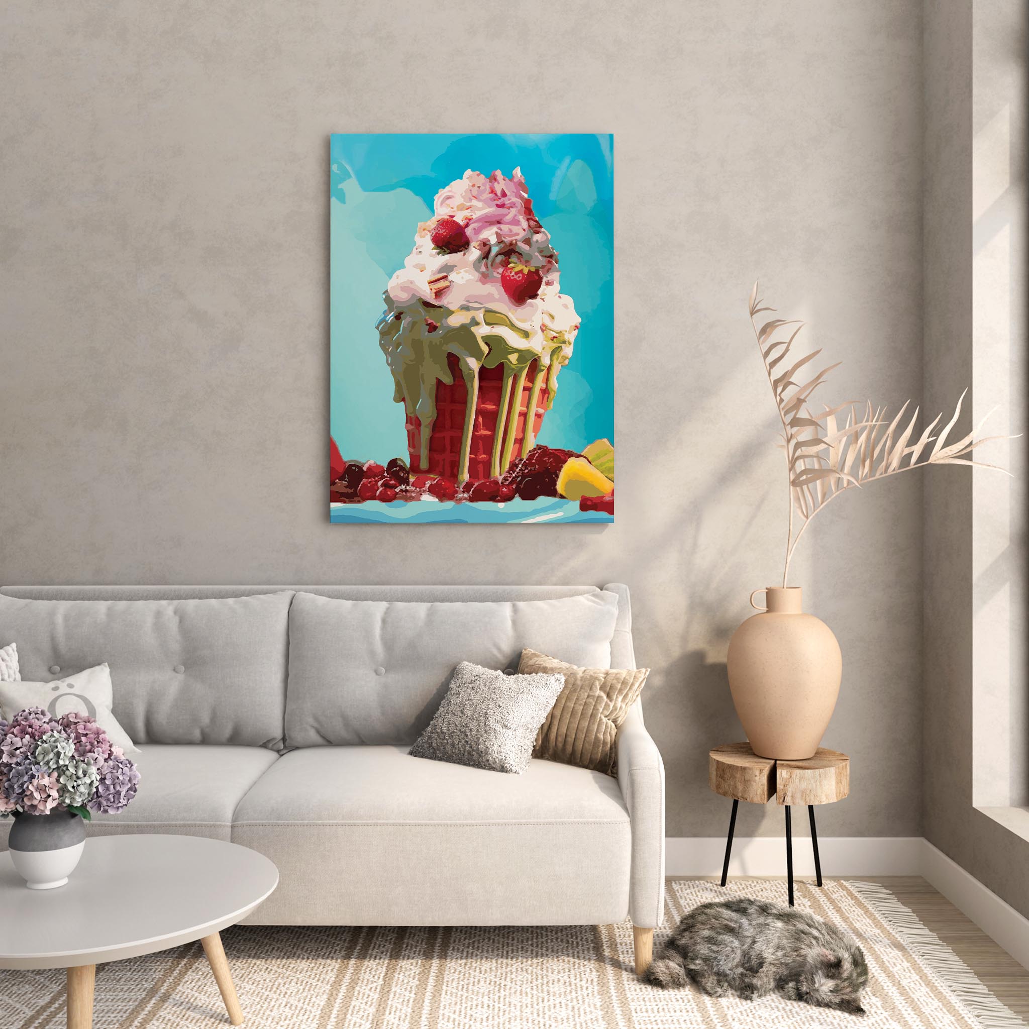 Vibrant printable wall art of a whimsical dessert featuring a red waffle cone overflowing with whipped cream, strawberries, green syrup, and assorted fruits against a bright aqua blue background, perfect for sweet-themed kitchen or cafe decor