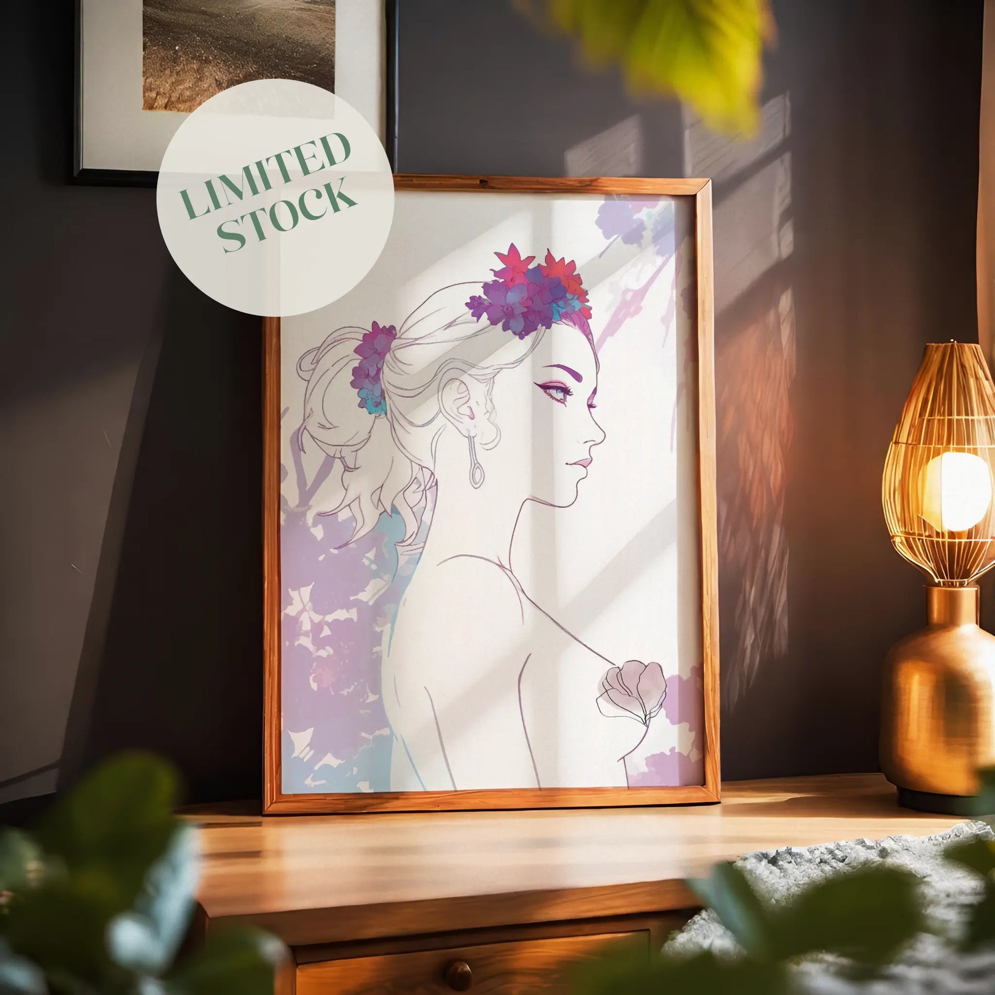 Minimalist feminine line art of a woman in profile adorned with vibrant floral crown and soft watercolor accents - elegant printable wall art ideal for boho, chic, or modern decor themes."