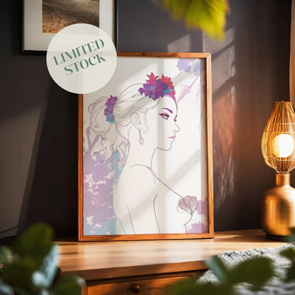 Minimalist feminine line art of a woman in profile adorned with vibrant floral crown and soft watercolor accents - elegant printable wall art ideal for boho, chic, or modern decor themes."