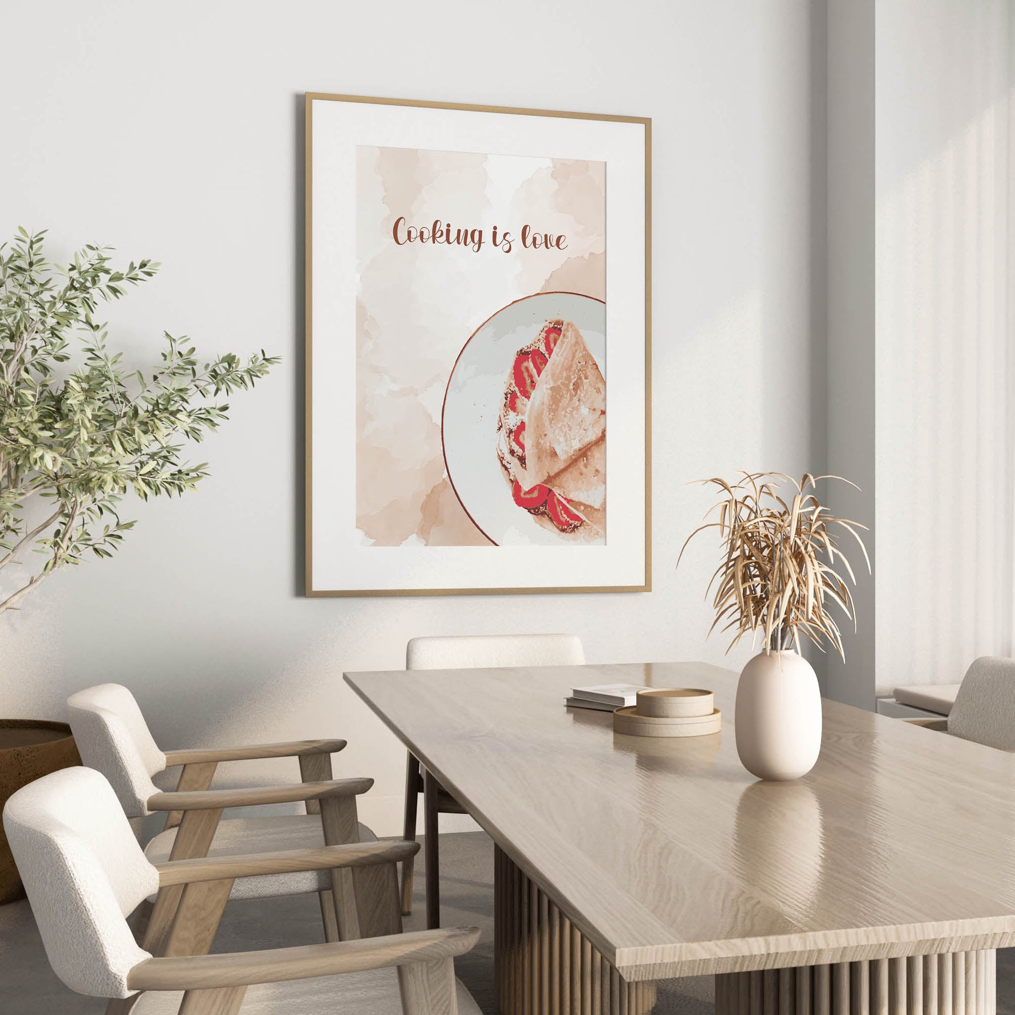 Minimalist kitchen wall art featuring a crepe with fresh strawberries on a white plate and the hand-lettered phrase 'Cooking is love' in elegant script, ideal for adding warmth to any culinary space