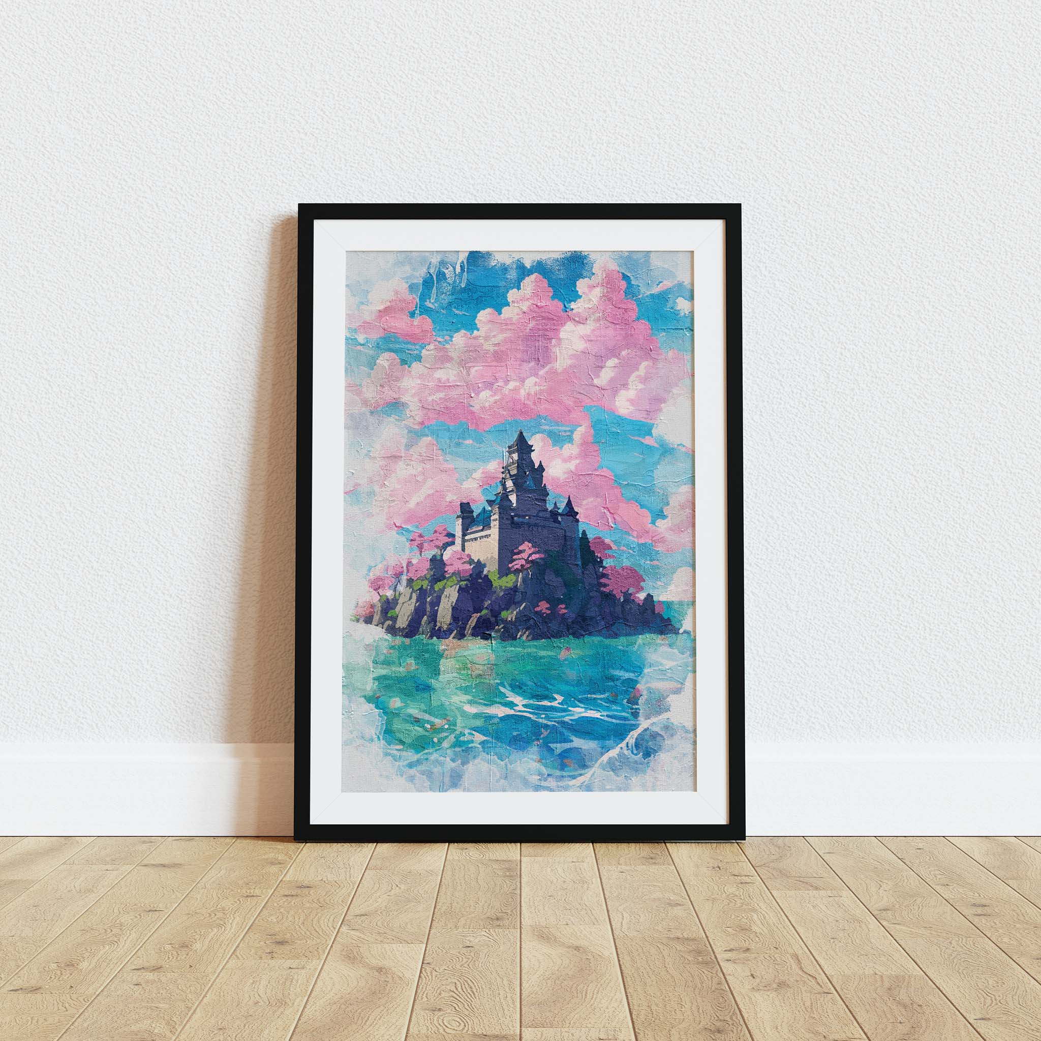 Dreamy fantasy castle wall art featuring a majestic stone castle perched on a rocky island, surrounded by turquoise waters and pink cherry blossom trees, under a sky filled with cotton candy clouds
