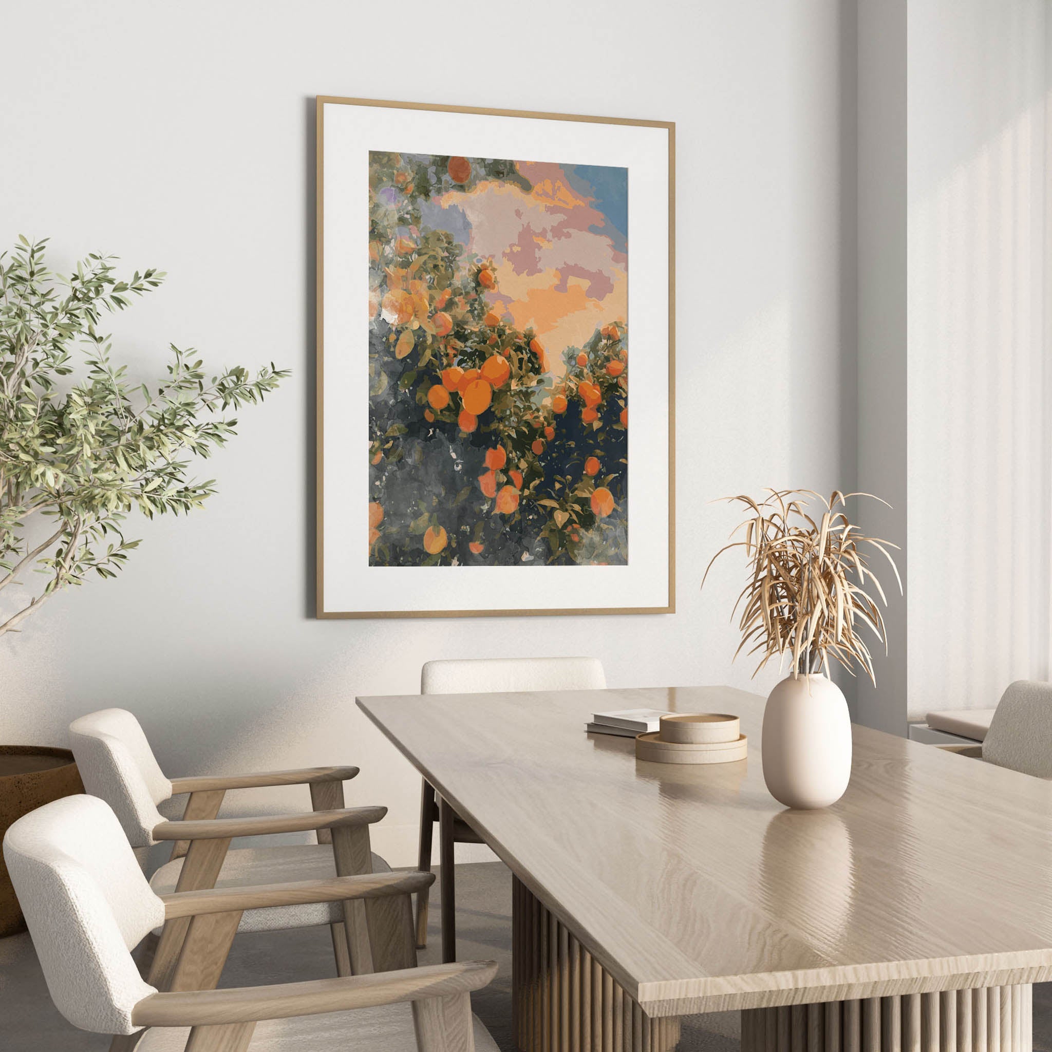 Sunset orchard printable wall art featuring vibrant orange fruit trees under a dreamy pastel sky, perfect for kitchen, dining, or farmhouse-inspired decor