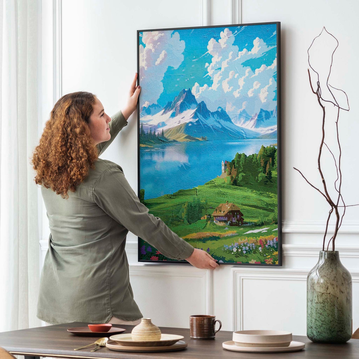 Vibrant digital painting of a scenic alpine landscape featuring a serene lake, snow-capped mountains, a cozy cottage, and blooming wildflowers - printable wall art for nature and travel lovers. 