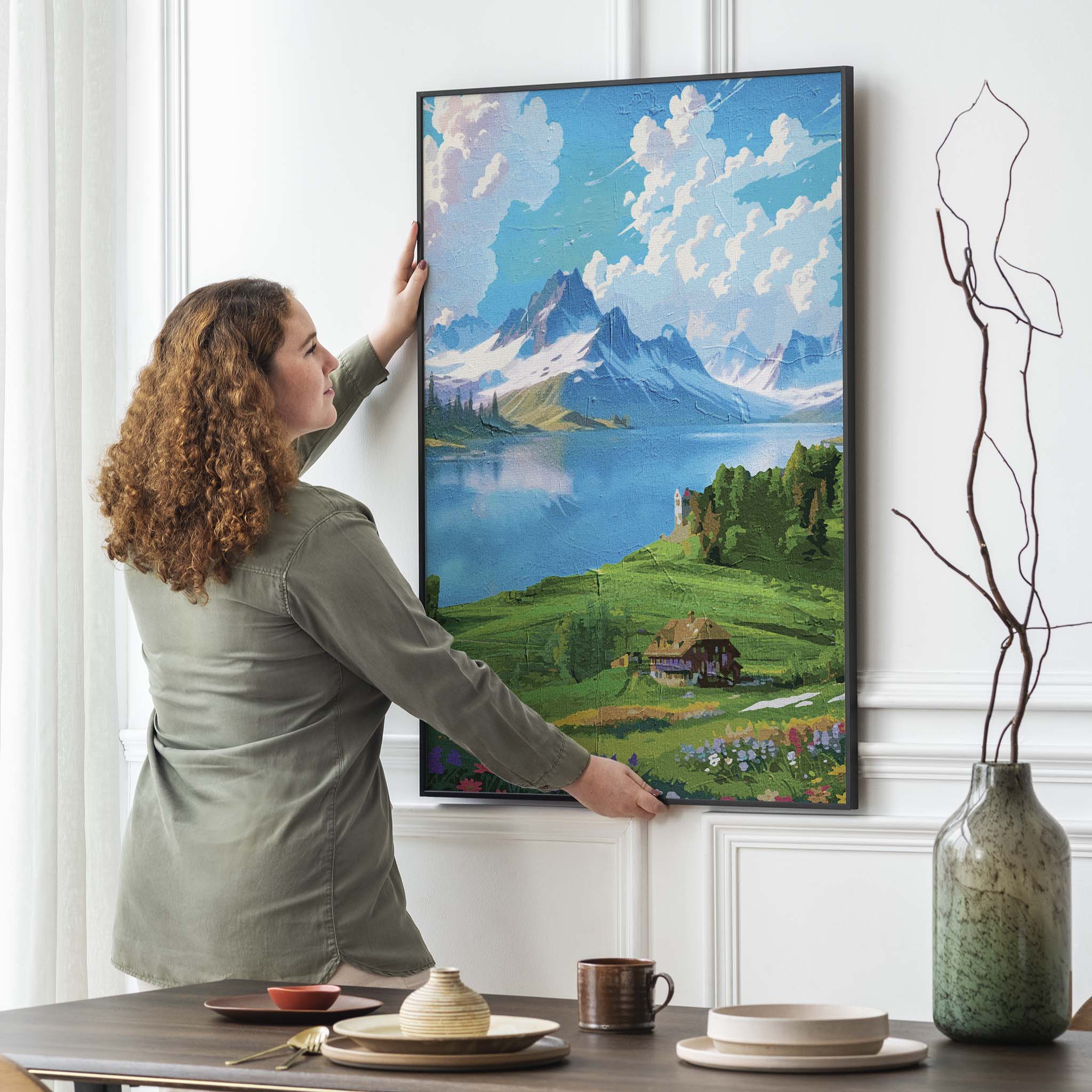 Vibrant digital painting of a scenic alpine landscape featuring a serene lake, snow-capped mountains, a cozy cottage, and blooming wildflowers - printable wall art for nature and travel lovers. 