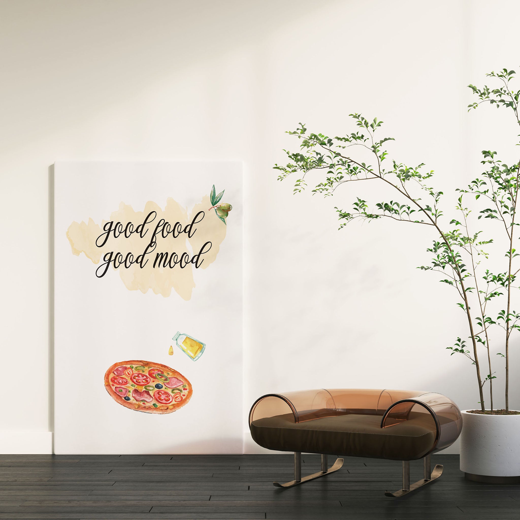 Whimsical kitchen wall art featuring a watercolor pizza slice, olive oil bottle, and olives with the handwritten phrase 'Good food, good mood' a cheerful culinary print perfect for cozy kitchen decor.