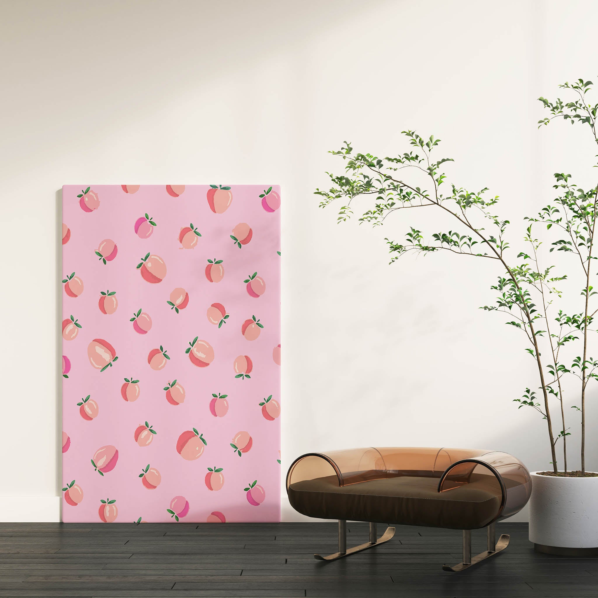 Playful pink wall art featuring a seamless pattern of illustrated peaches with green leaves, perfect for kitchens, nurseries, or fruity-themed decor