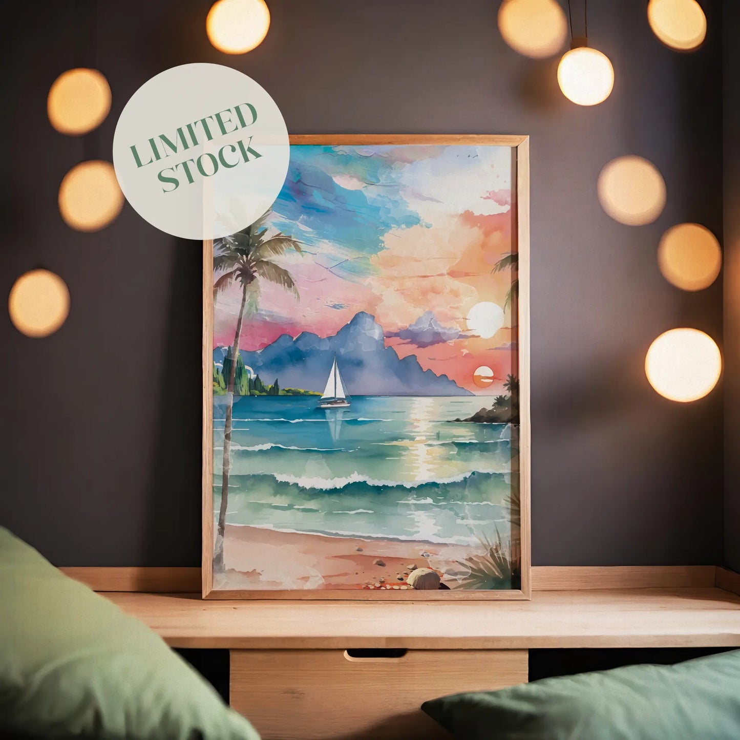 Watercolor-style printable wall art of a tropical beach sunset with palm trees, ocean waves, a sailboat, and mountains in the distance under a colorful sky