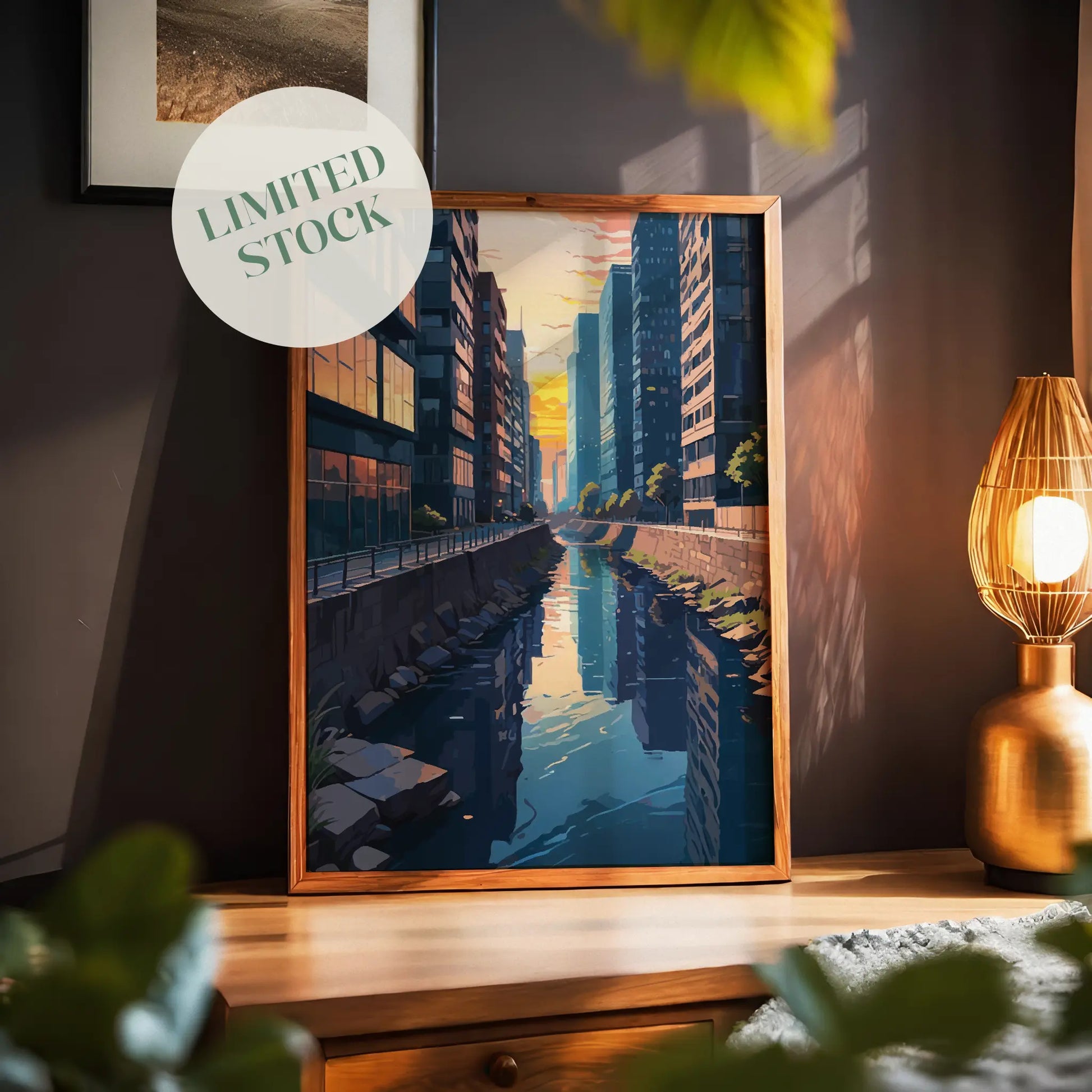 Digital painting of a serene urban canal at sunset, surrounded by tall glass buildings with warm reflections - modern printable wall art perfect for cityscape lovers and contemporary interiors