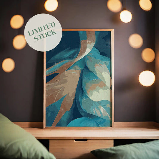Elegant abstract printable wall art featuring layered brushstroke patterns in rich teal, turquoise, beige, and brown tones with a textured, painterly effect, perfect for adding depth and sophistication to modern interiors