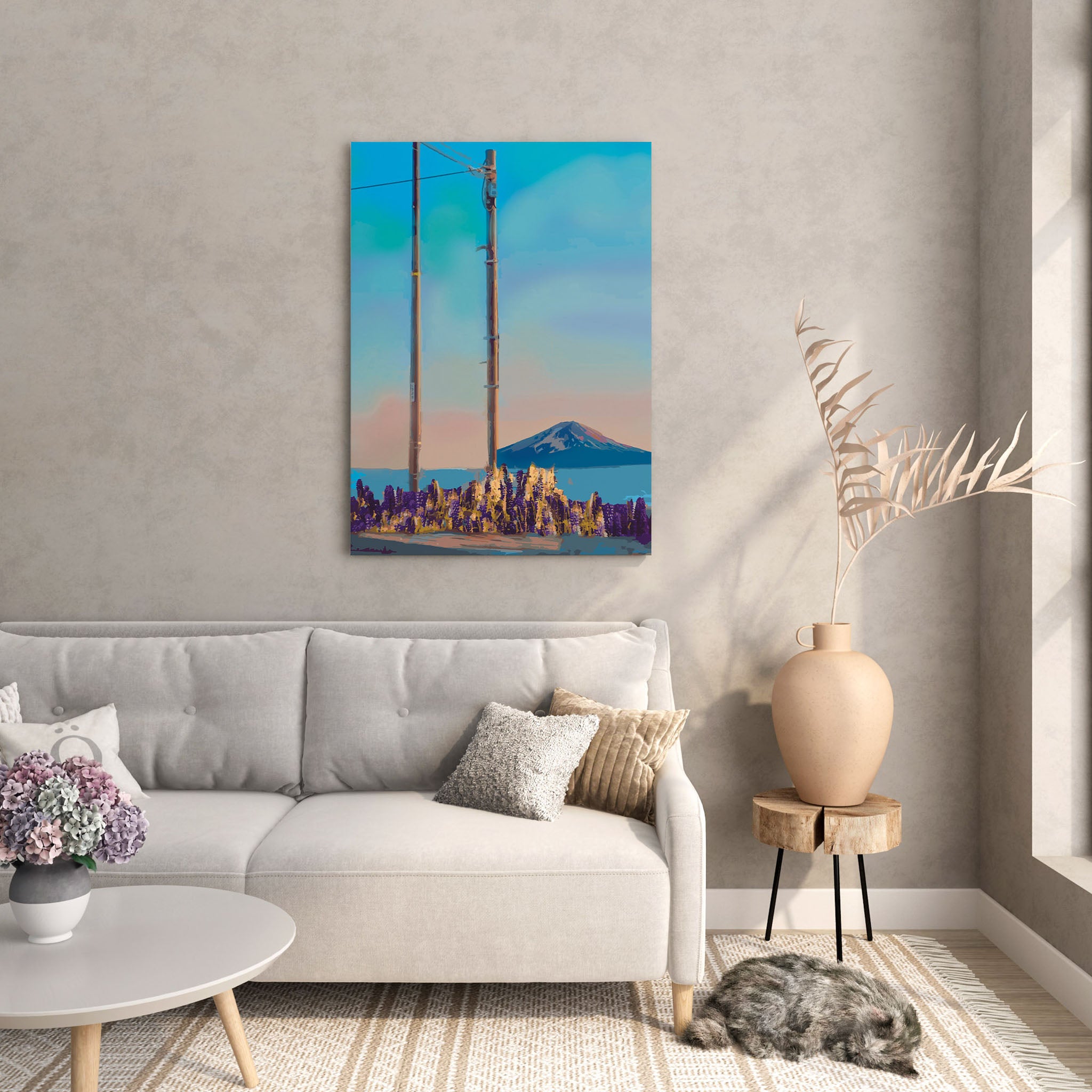 Minimalist mountain wall art featuring two wooden utility poles in a field of golden and purple wildflowers, with Mount Fuji in the distance under a soft pastel sunset sky