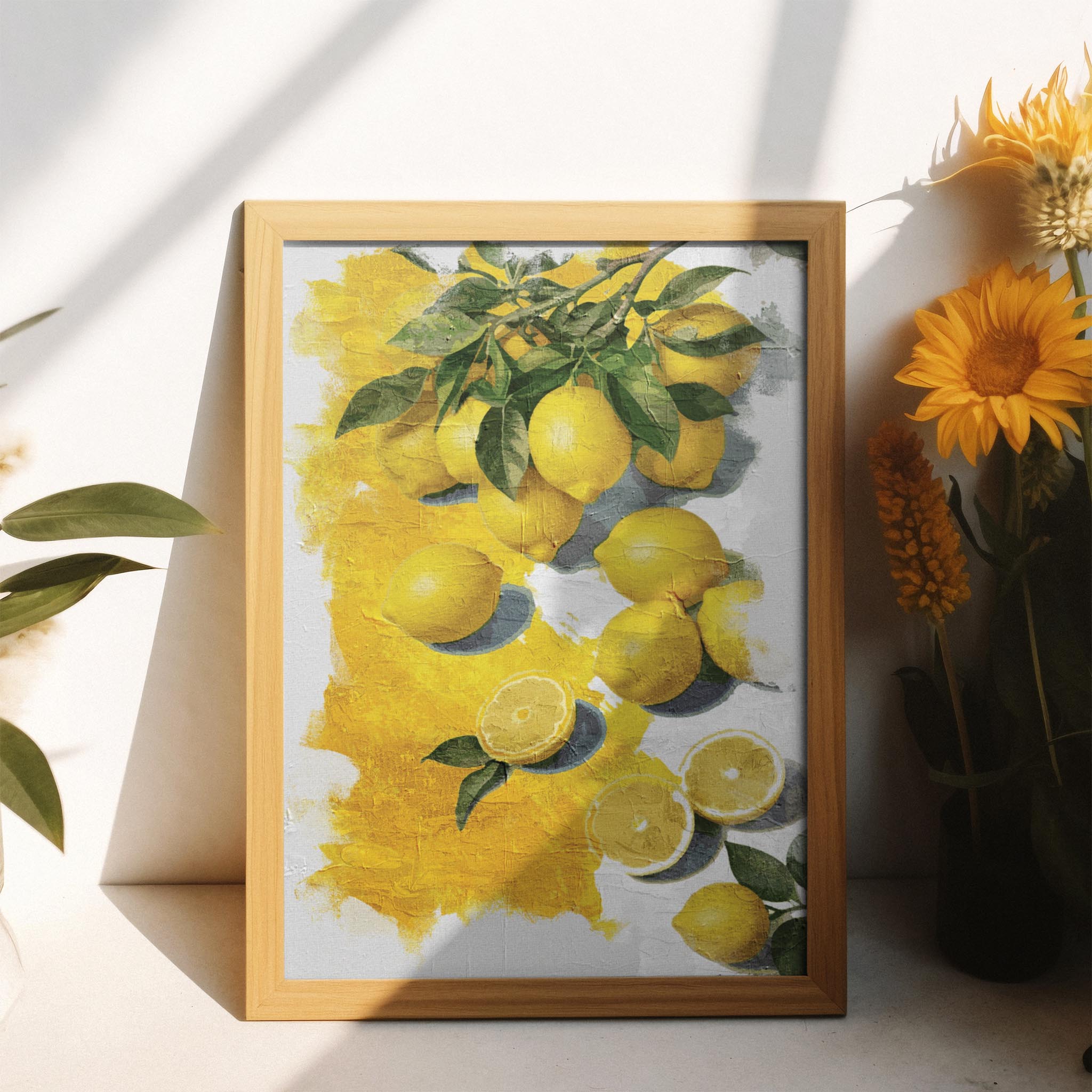 Printable wall art of vibrant yellow lemons with green leaves, some whole and some sliced, set against a textured white and yellow painted background, perfect for kitchen, farmhouse, or citrus-themed decor
