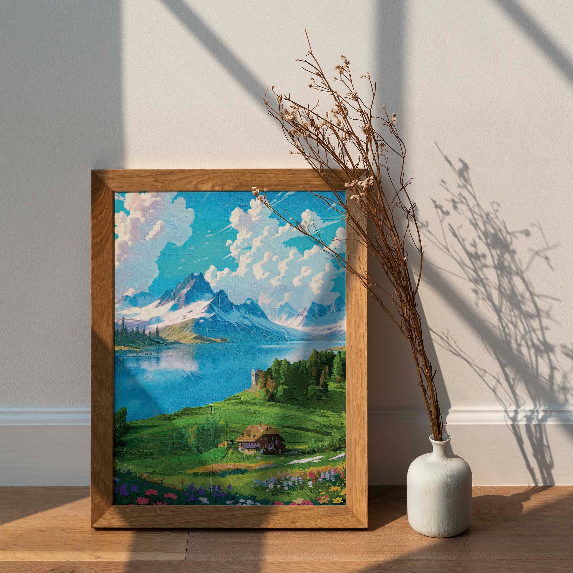 Vibrant digital painting of a scenic alpine landscape featuring a serene lake, snow-capped mountains, a cozy cottage, and blooming wildflowers - printable wall art for nature and travel lovers. 