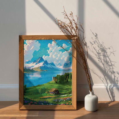 Vibrant digital painting of a scenic alpine landscape featuring a serene lake, snow-capped mountains, a cozy cottage, and blooming wildflowers - printable wall art for nature and travel lovers. 