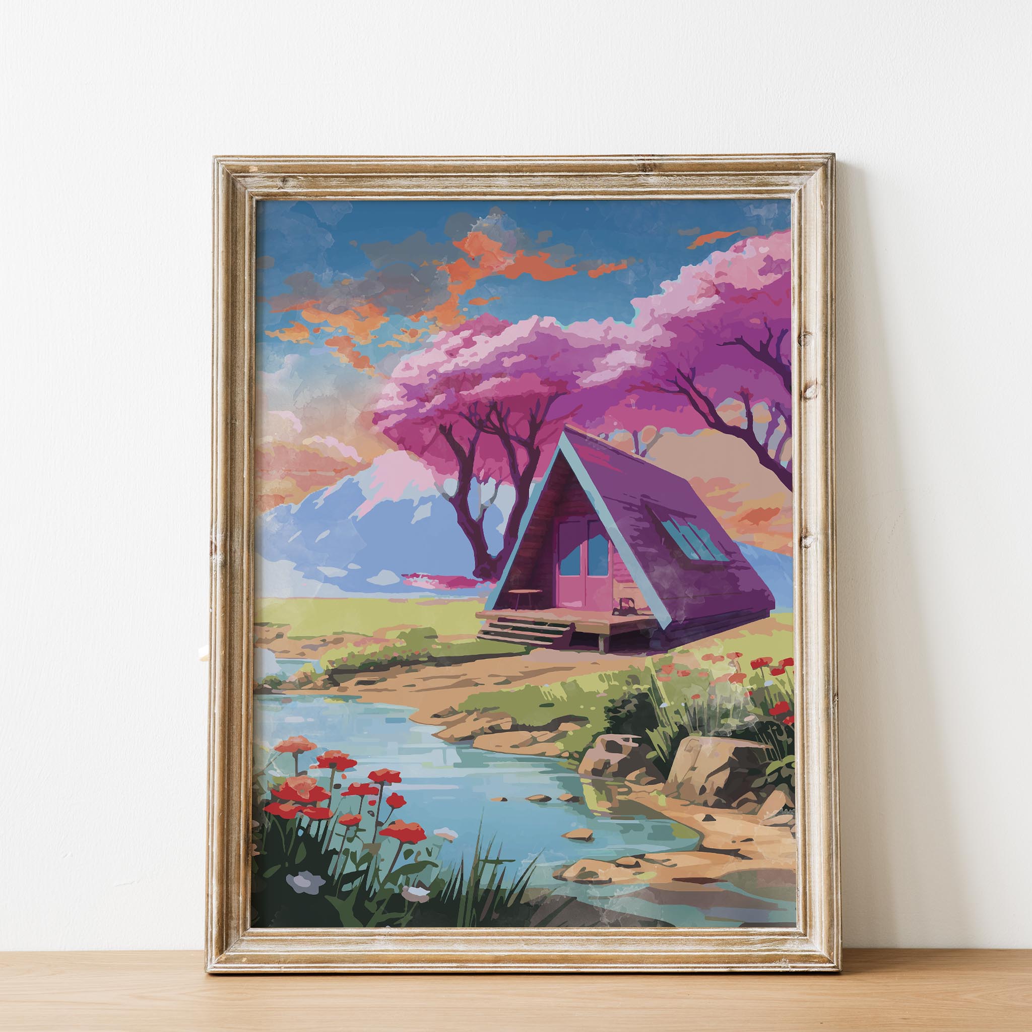 Whimsical cabin wall art featuring a modern A-frame house beside a tranquil stream, surrounded by blooming wildflowers, cherry blossom trees, and pastel skies with mountain views in the background