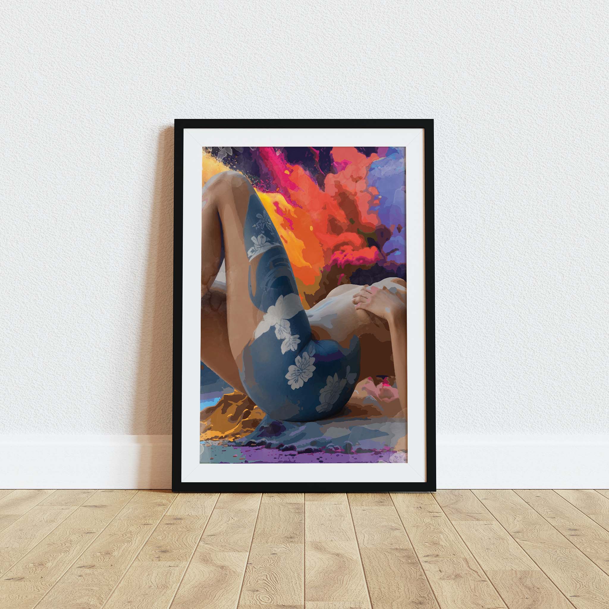 Bold and sensual printable wall art featuring a reclining nude female figure with floral body art, set against a dramatic, abstract explosion of fiery colours, perfect for modern, expressive, and statement-making interiors