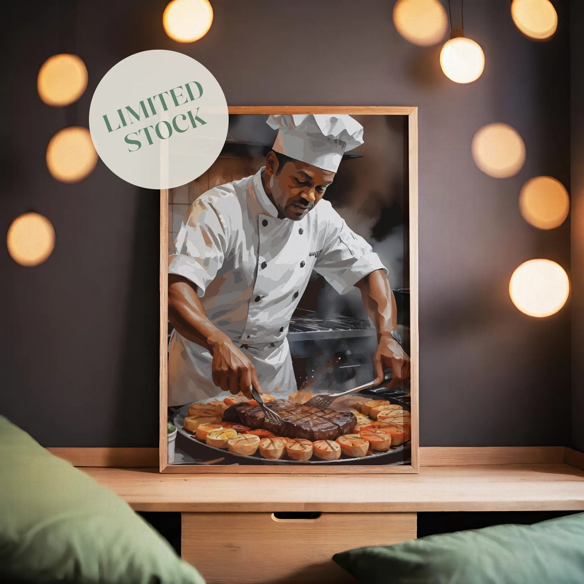Digital wall art of a chef in uniform grilling steak and vegetables, surrounded by steam and rich kitchen ambiance.
