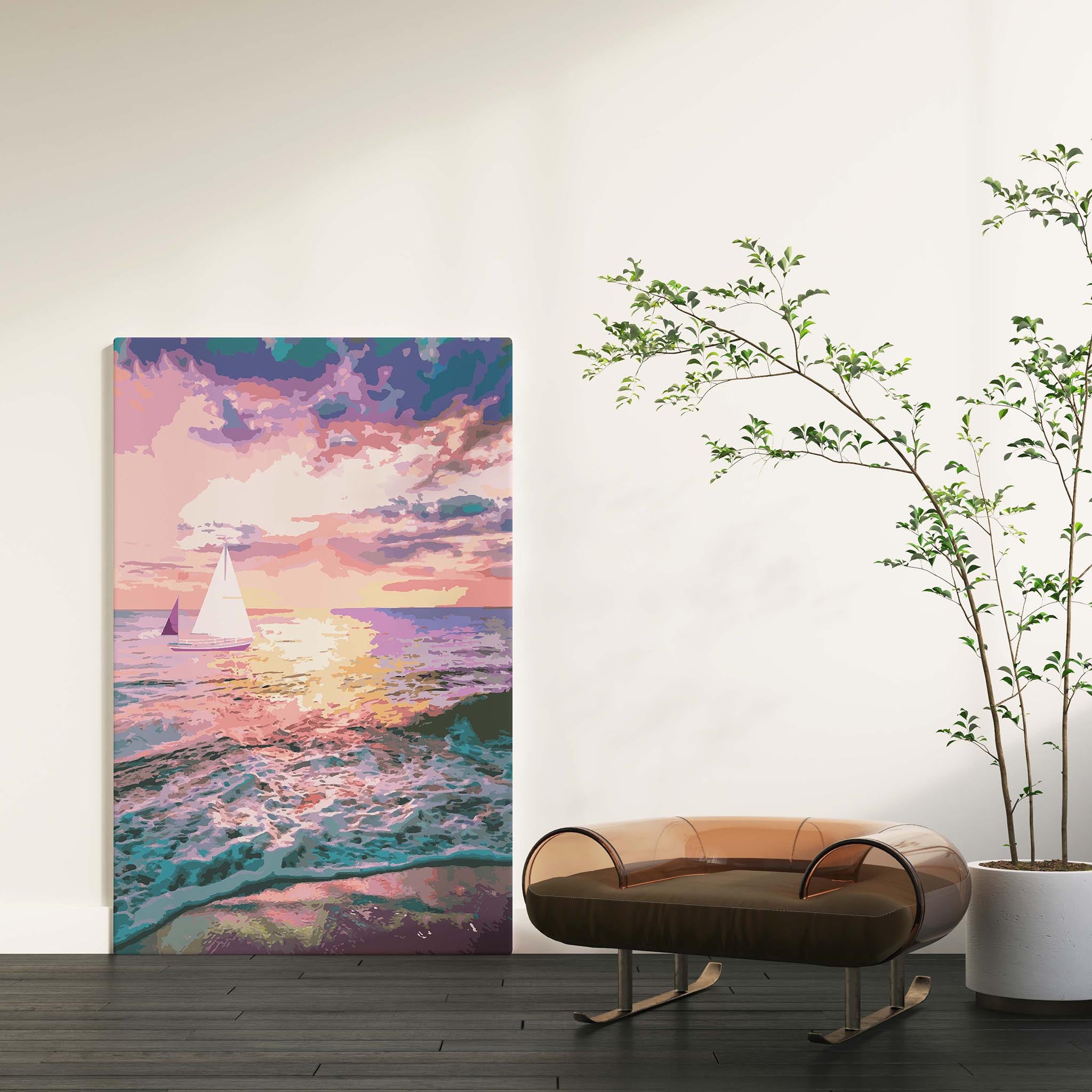 Romantic ocean sunset wall art featuring sailboats gliding across colorful waves under a glowing pink and purple sky, with sunlight reflecting beautifully on the water’s surface