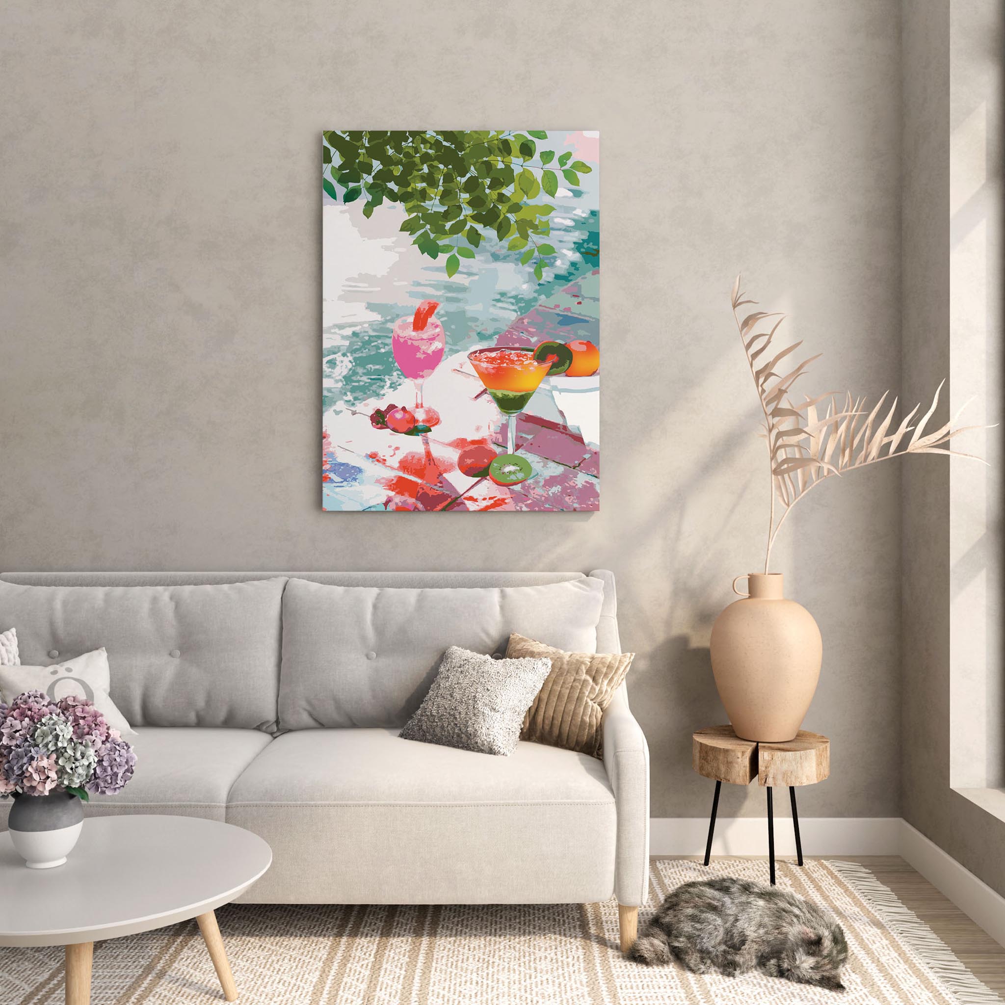 Vibrant tropical cocktail art print featuring colorful drinks with fruit garnishes, set by the water under lush green leaves, ideal for summer decor or beach-inspired kitchens