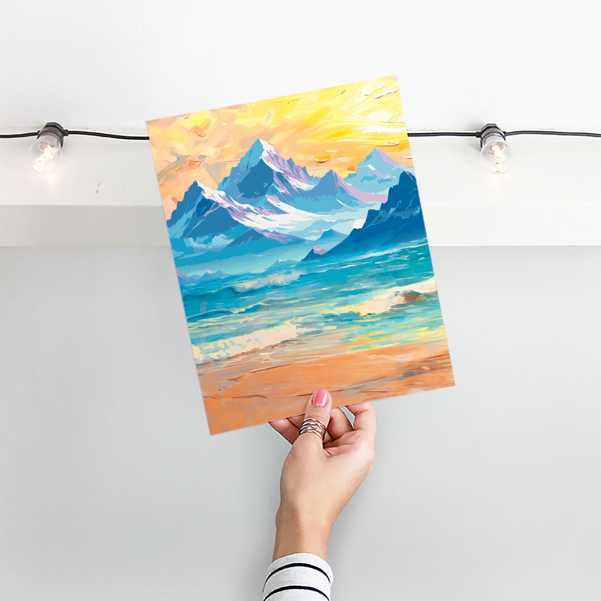 Mountain Beach Sunrise Oil Painting - SweetPixelCreations