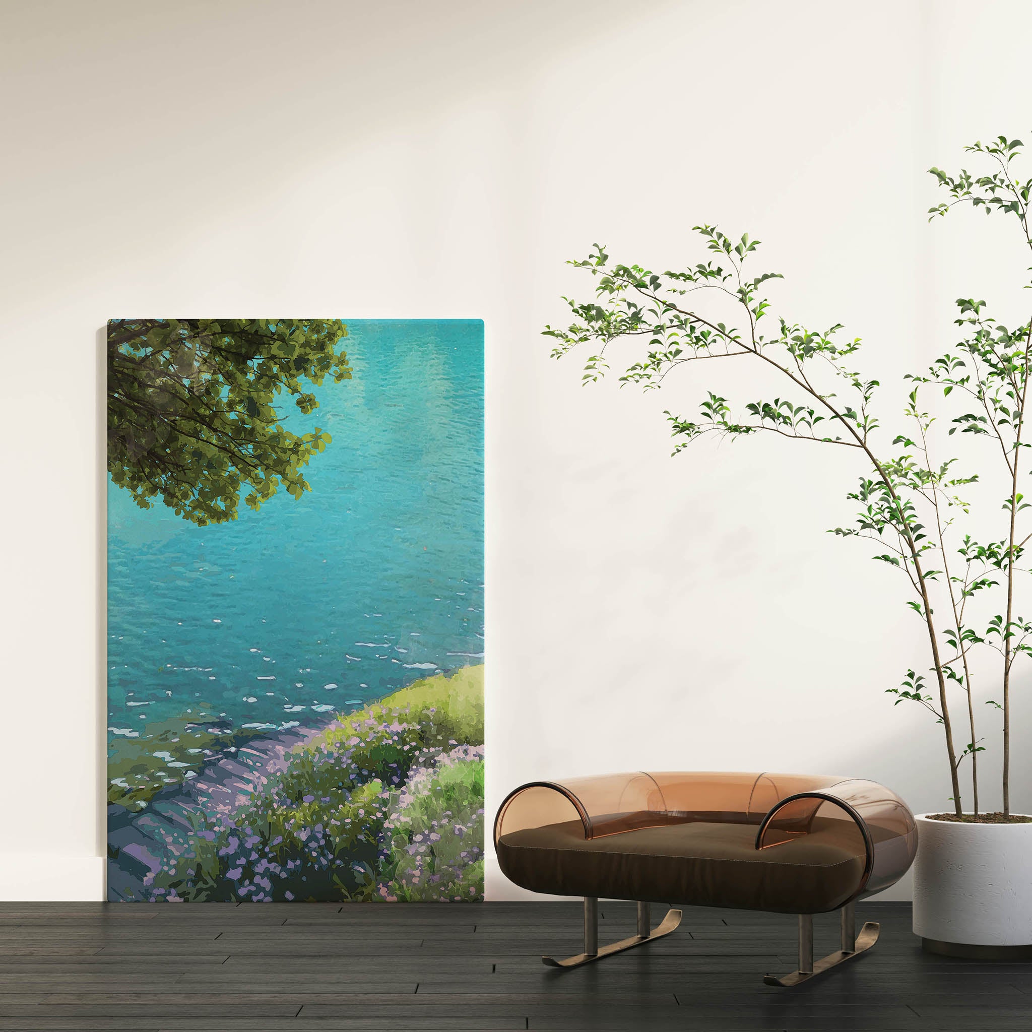 Tranquil lakeside wall art featuring crystal-clear turquoise water, a small wooden dock, and a flower-covered grassy bank under the shade of leafy tree branches