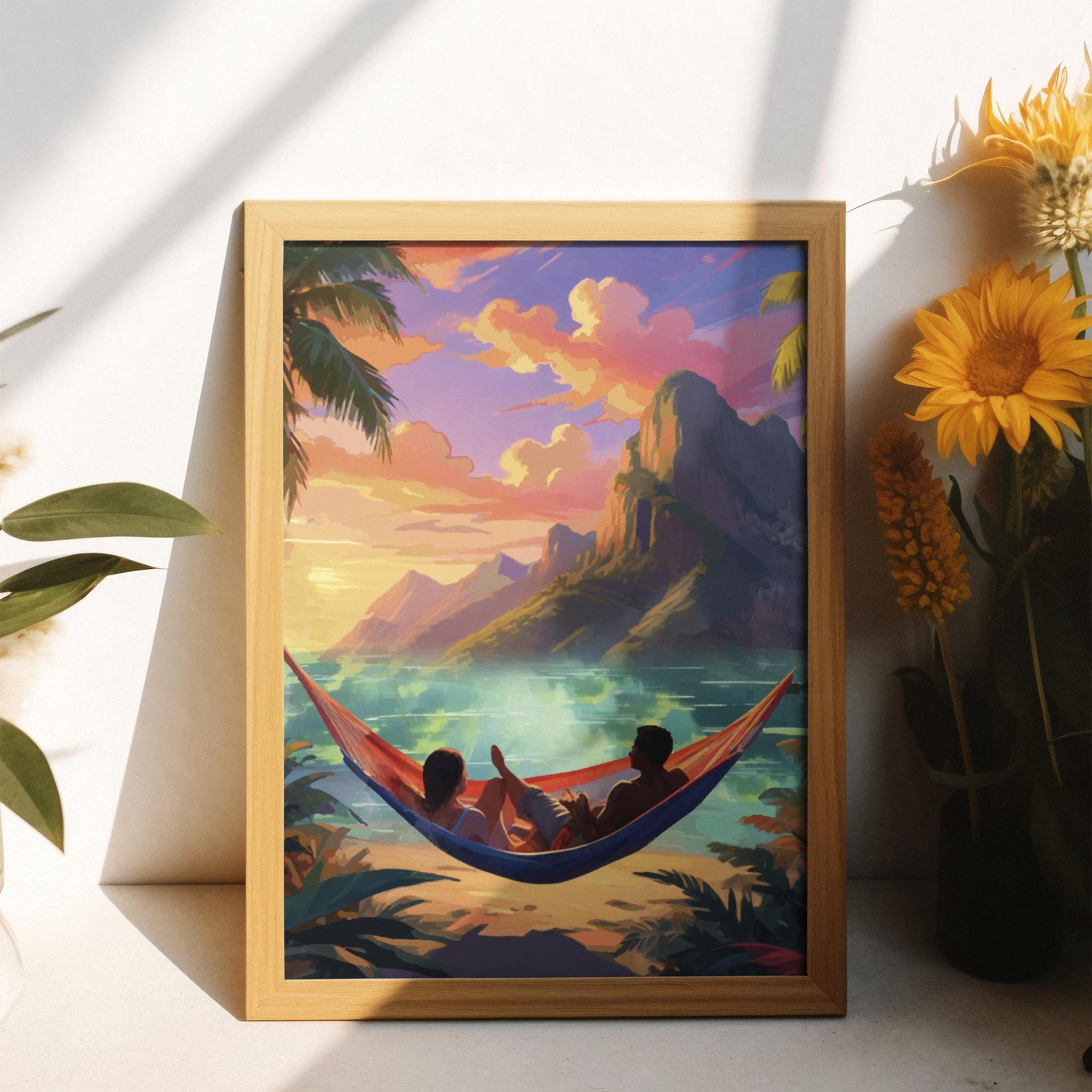 Romantic tropical sunset wall art showing a couple relaxing in a hammock by the beach, with palm trees, turquoise waters, and dramatic mountain cliffs under a vivid orange and pink sky