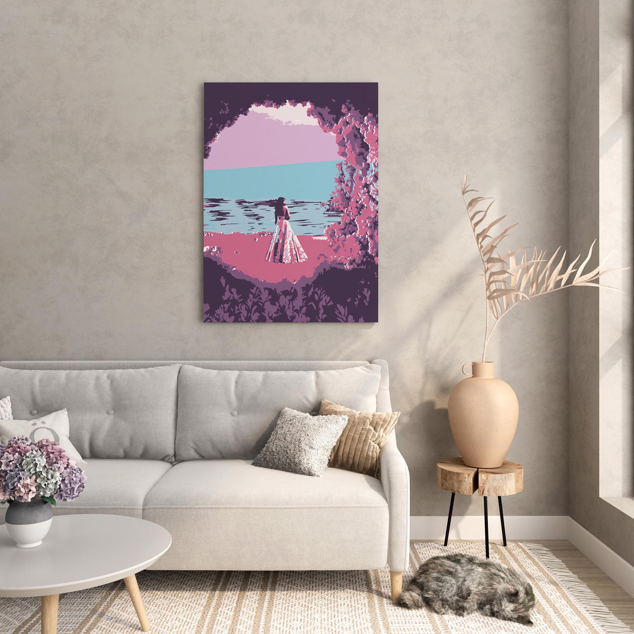 Dreamy beach wall art featuring a woman in a flowing dress standing by the ocean, framed by pink and purple foliage, with a calm sea and pastel sky creating a serene, romantic atmosphere
