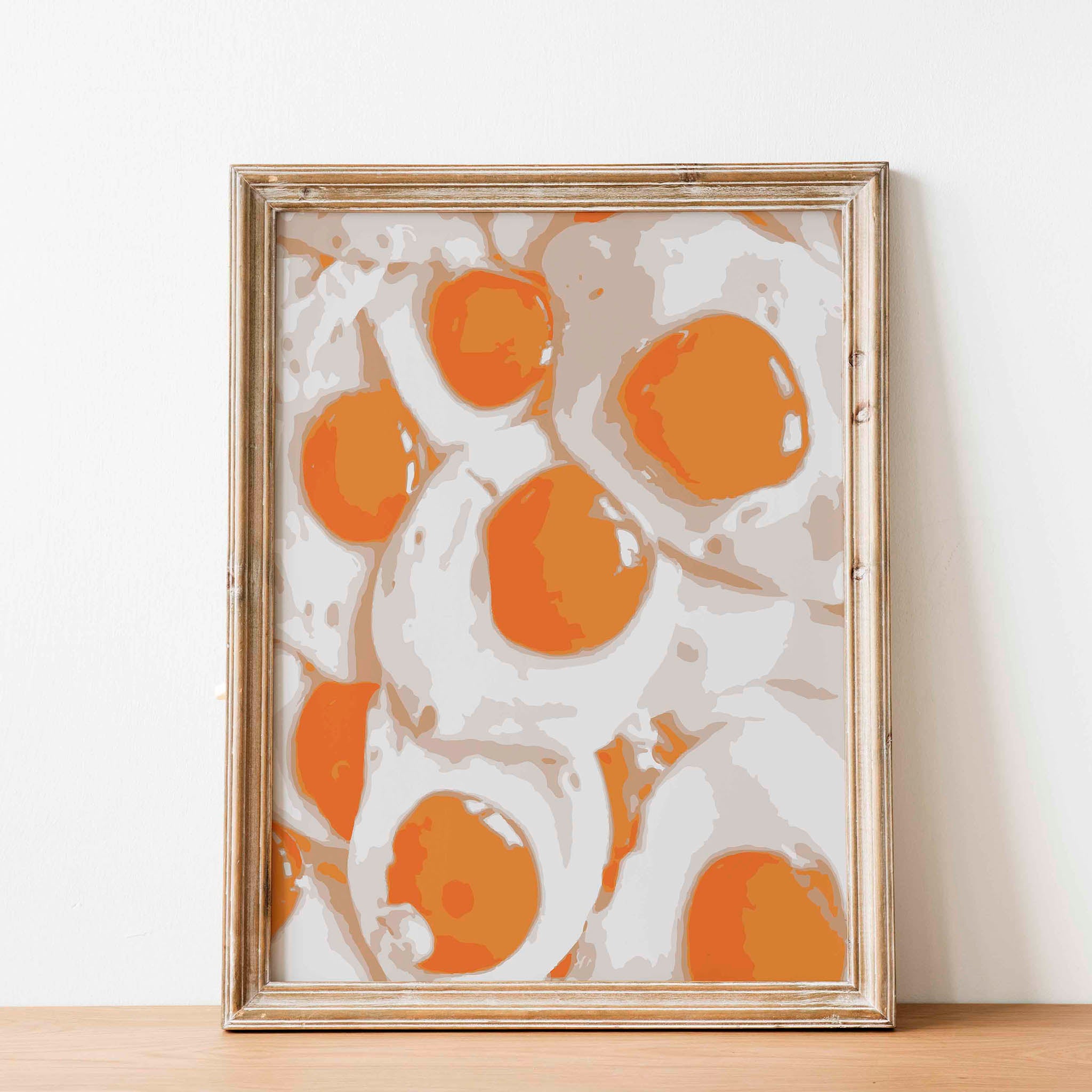 Bold and vibrant wall art print featuring a pattern of sunny-side-up eggs in modern pop-art style, perfect for kitchen decor or food lovers seeking quirky breakfast-themed art