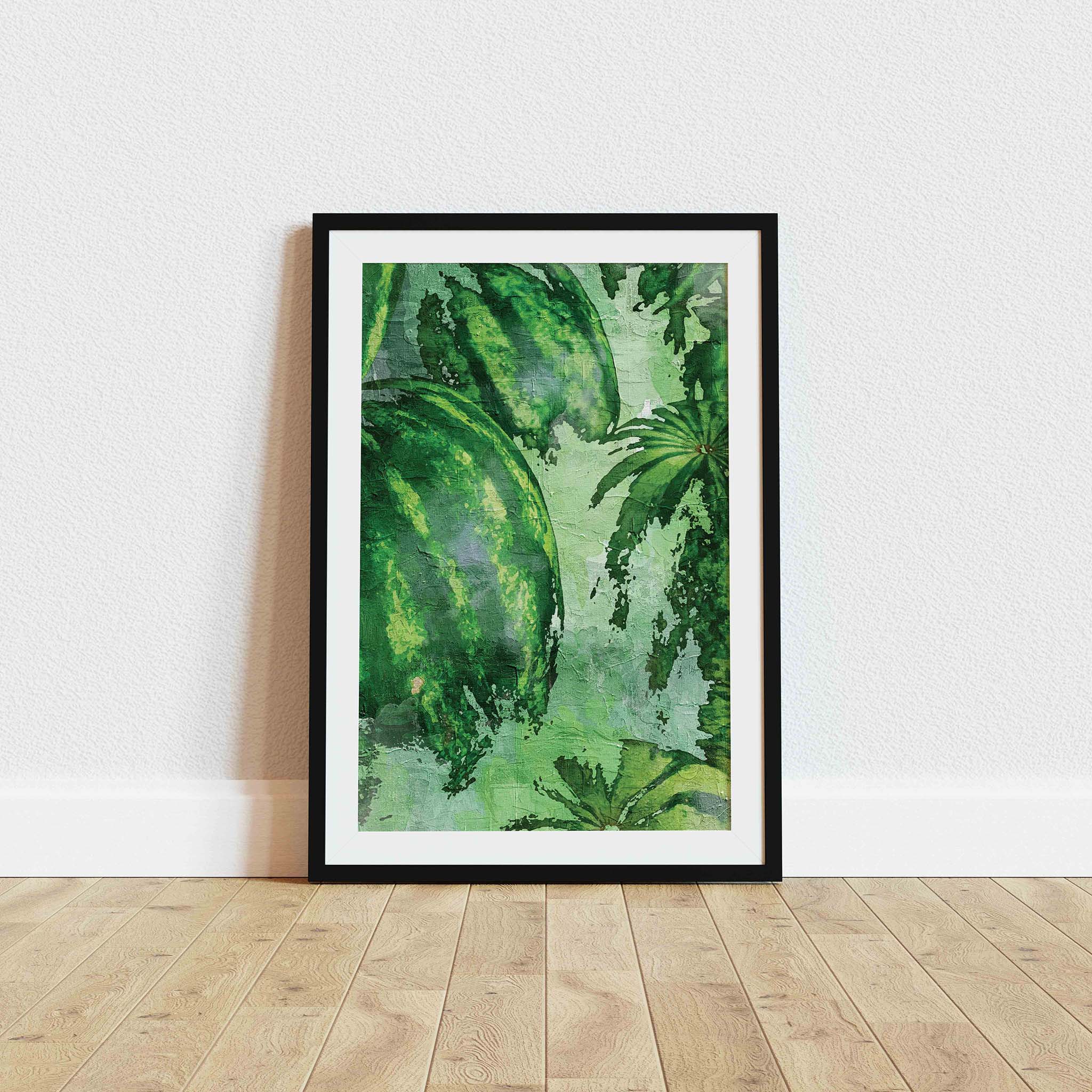 Rustic watercolor-style printable wall art featuring ripe green watermelons and lush leafy vines, ideal for kitchen, market, or farmhouse-themed decor