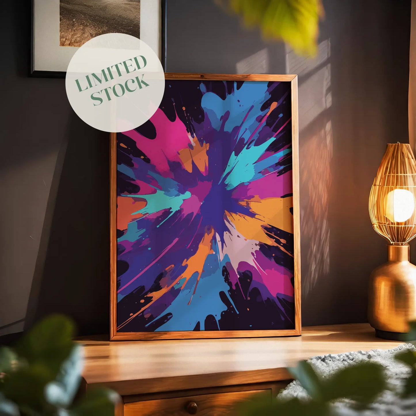 Bold abstract printable wall art featuring a dramatic explosion of colours including deep purples, blues, pinks, oranges, and turquoise on a dark background, perfect for adding energy and creativity to any modern space