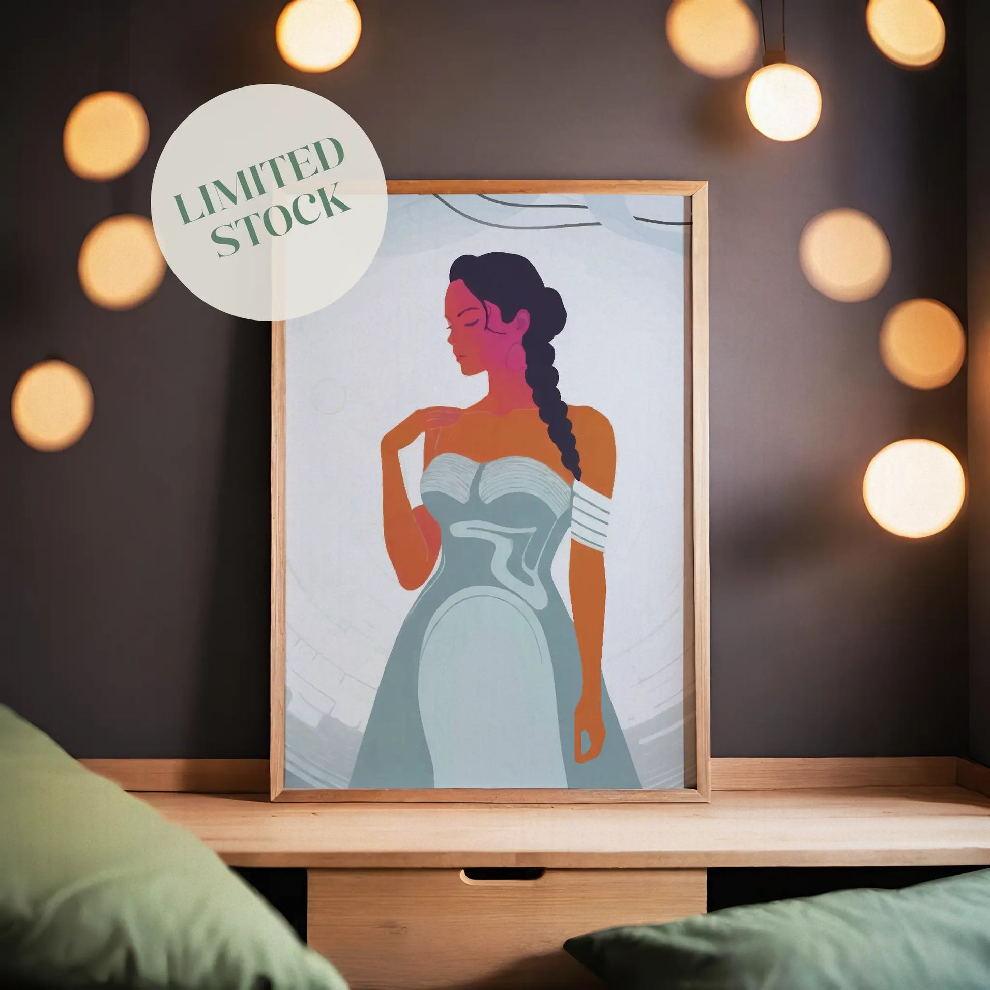 Minimalist illustration of a poised woman in a flowing strapless gown with braided hair, captured in bold, contrasting colors, empowering and modern fashion wall art for stylish interiors.